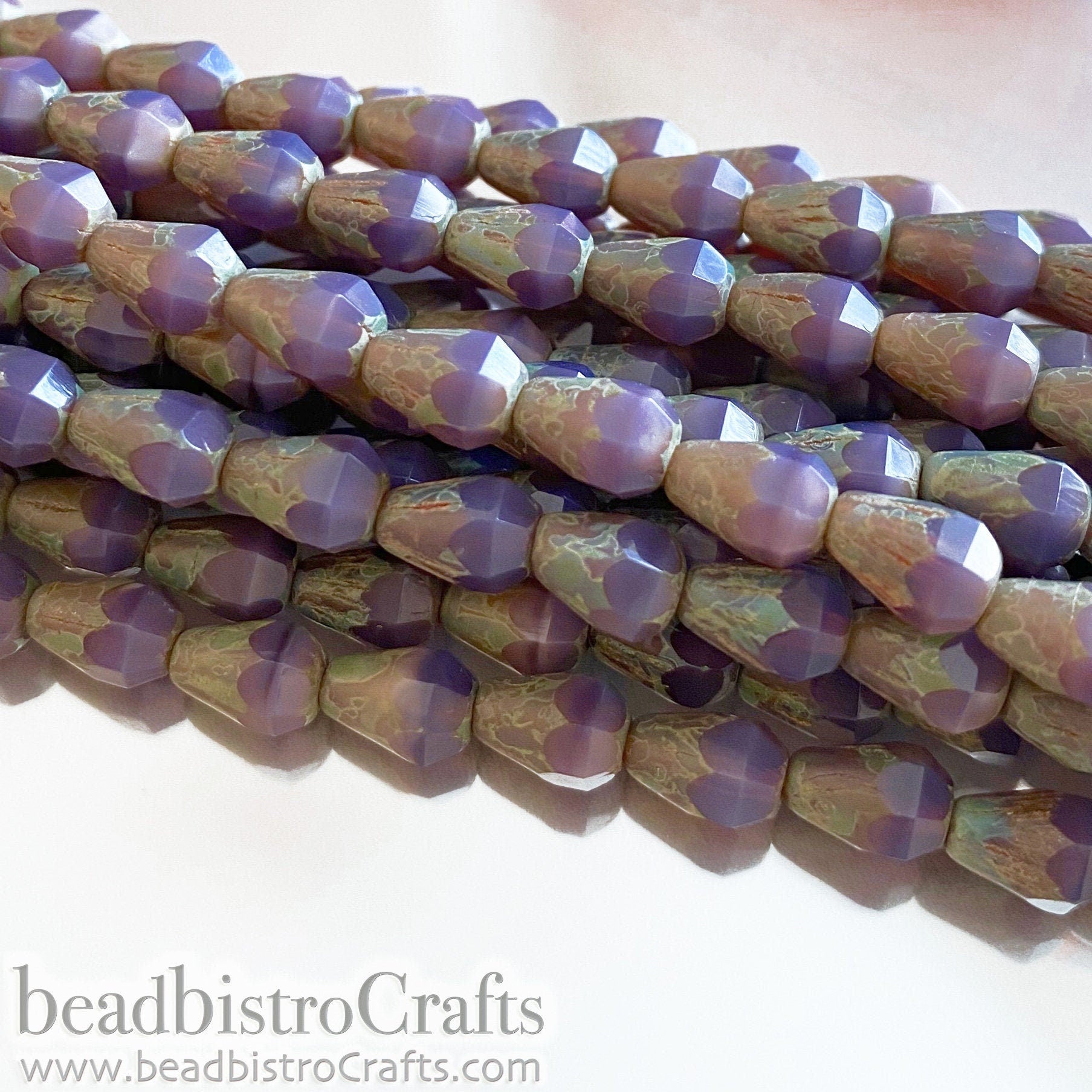 Lavender Facetted Glass Drop beads - 18pcs Silky Violet Opal TRAVERTINE facetted Czech glass bead - 8x6mm * NEW Old Stock *