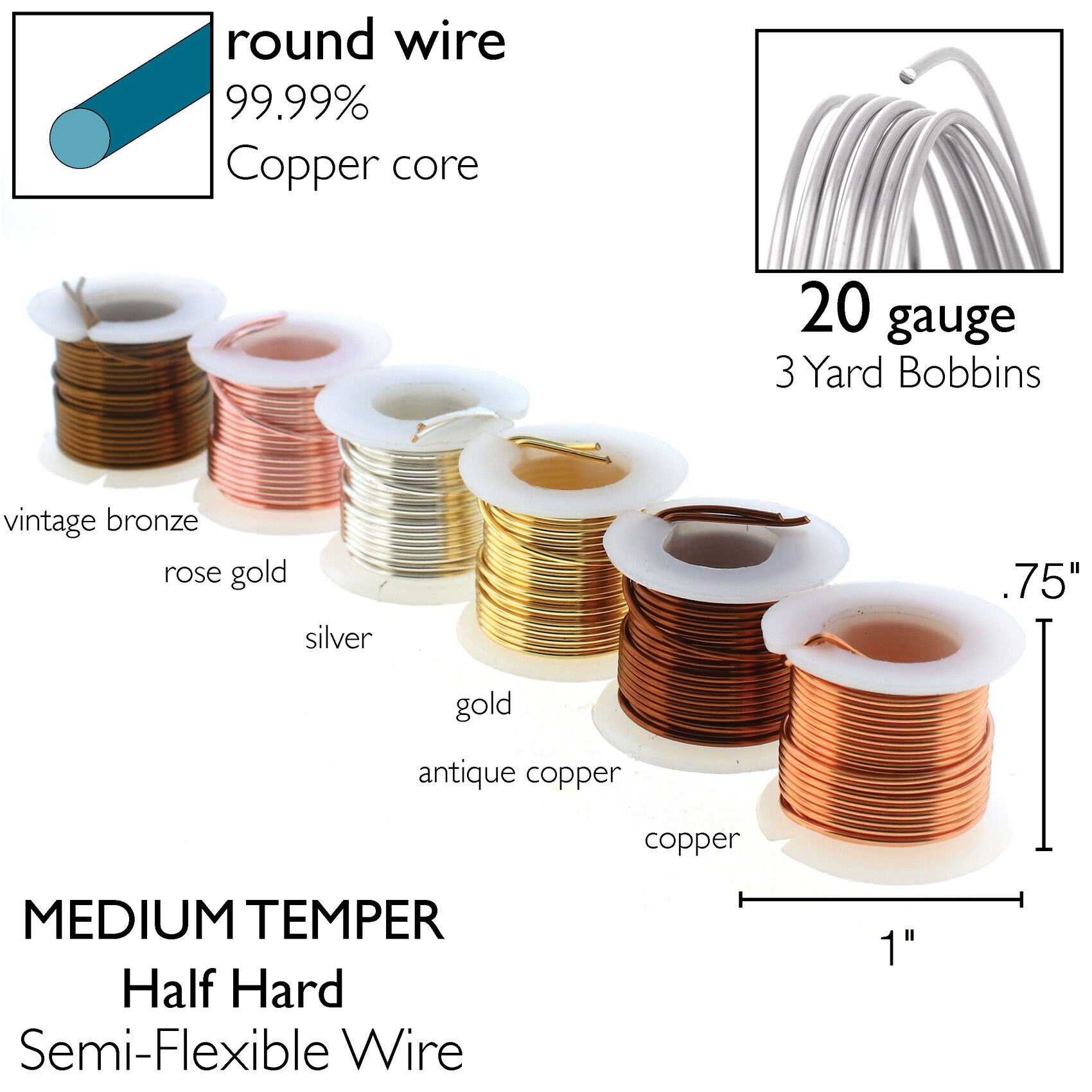 BeadSmith 20 Gauge Tarnish-Resistant Craft Wire 6 Colors - Silver, Gold, Rose Gold, Copper, Vintage Bronze and Antique Copper Craft Wire