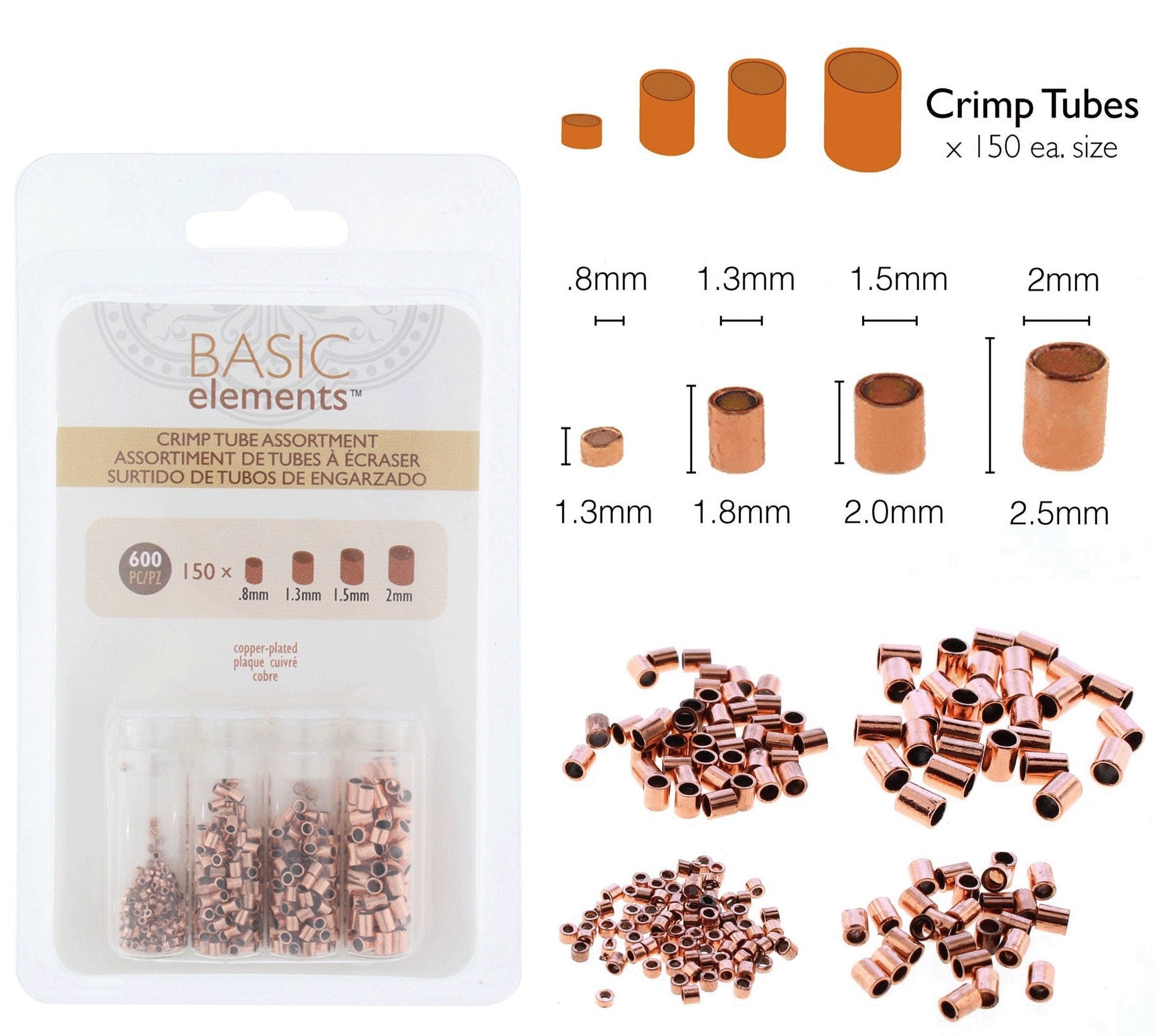 Beadsmith Copper Plated Crimp Tubes Variety Pack, 4 Sizes (600 PCS)