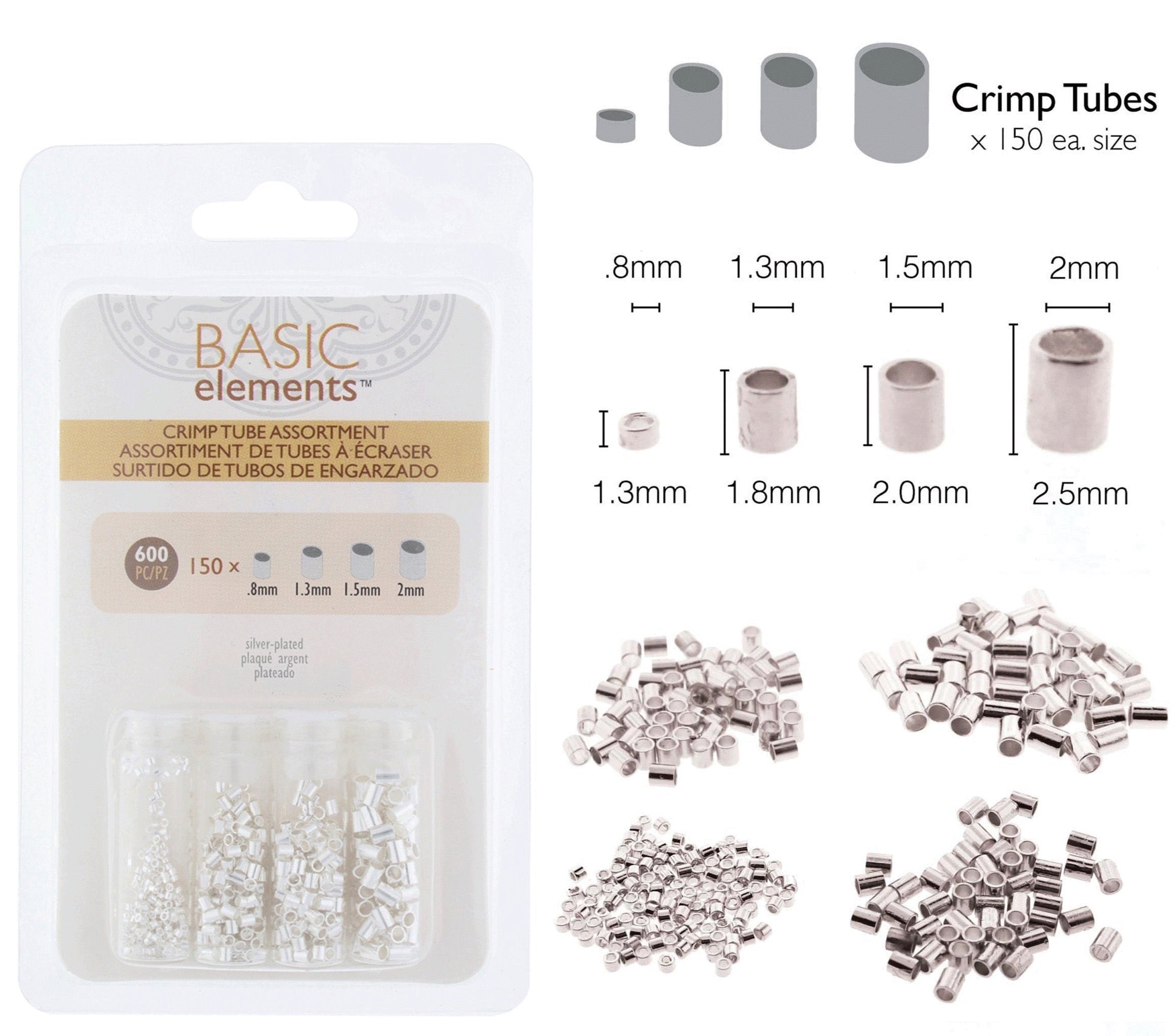 Beadsmith Silver Plated Crimp Tubes Variety Pack, 4 Sizes (600 PCS)