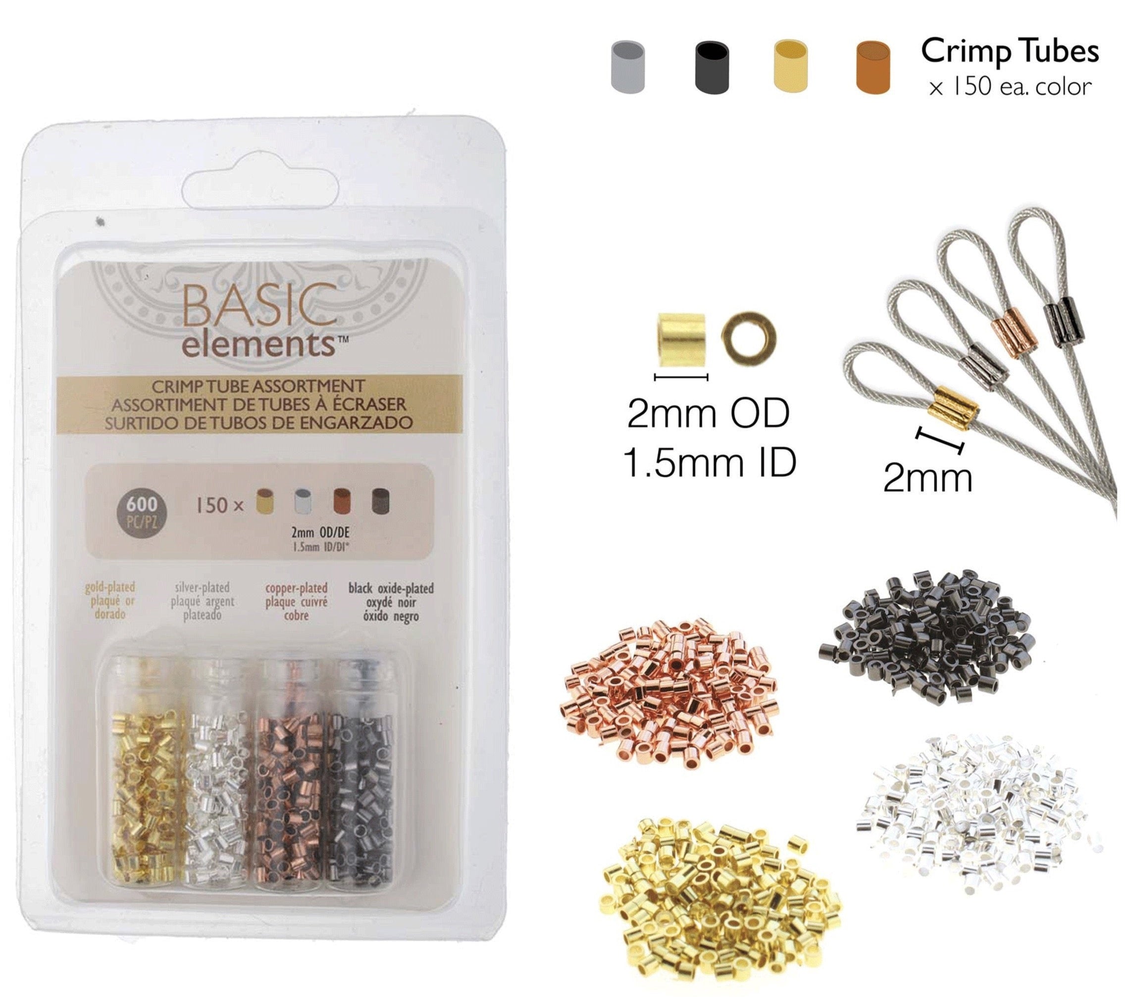 Beadsmith Crimp Tubes 1.5mm, Basic Elements by Beadsmith, 4 Color Variety Pack, 600 Pieces