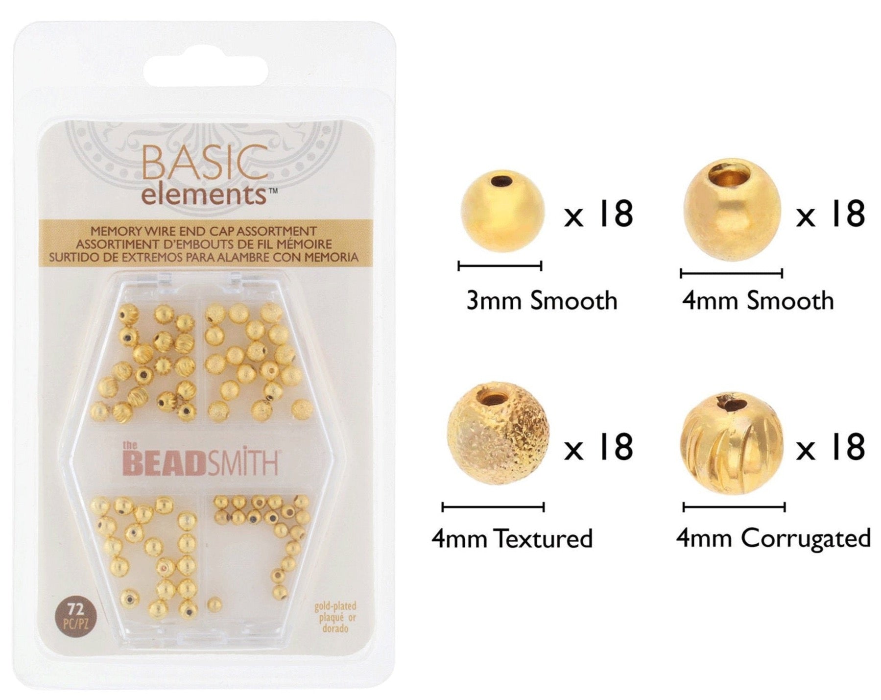 Gold Plated Memory Wire End Caps, Basic Elements by Beadsmith, Smooth, Textured and Corrugated Variety Pack, 72 Pieces