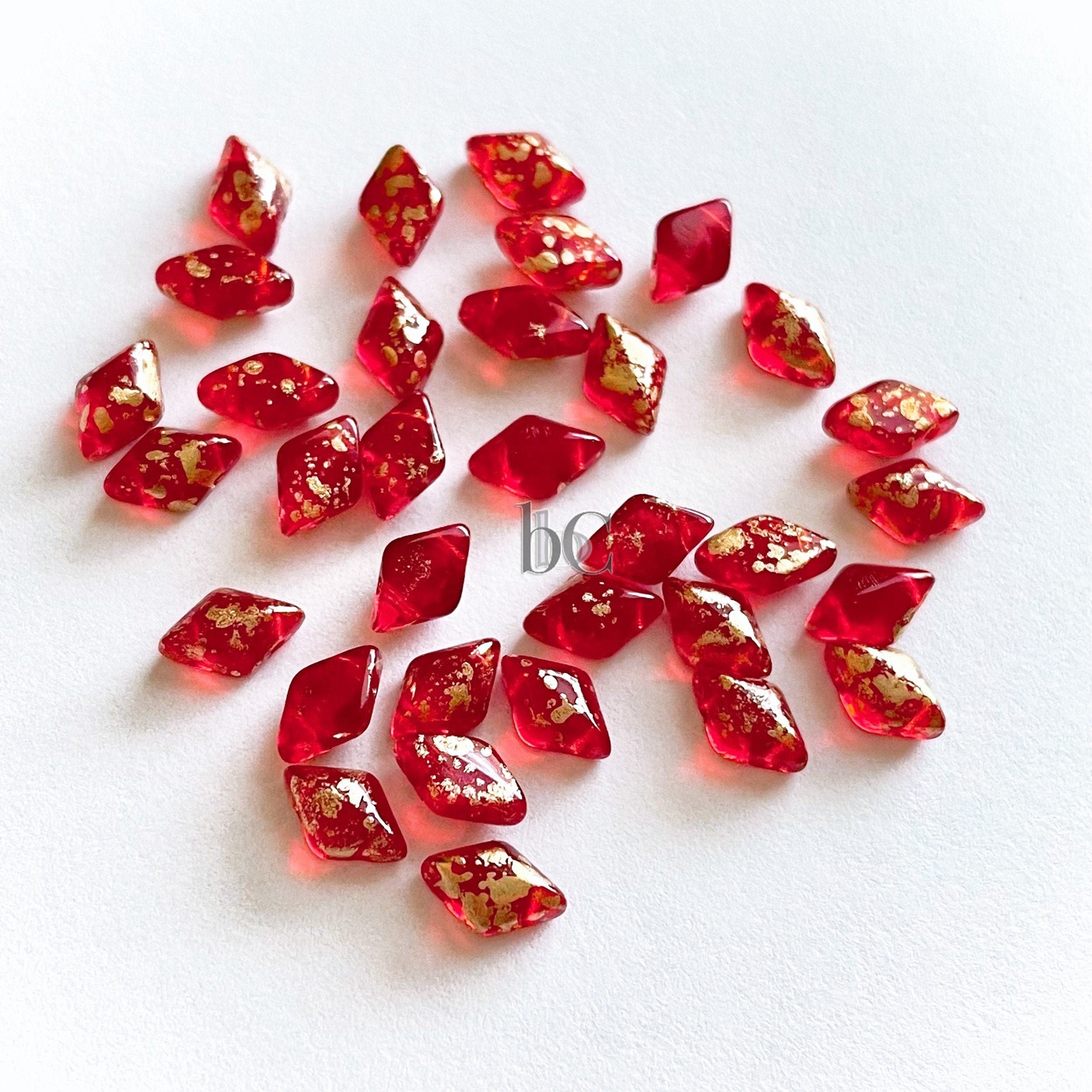 70pcs Czech GEMDUO beads - 2 hole beads - Siam Red GOLD SPLASH - 5x8mm