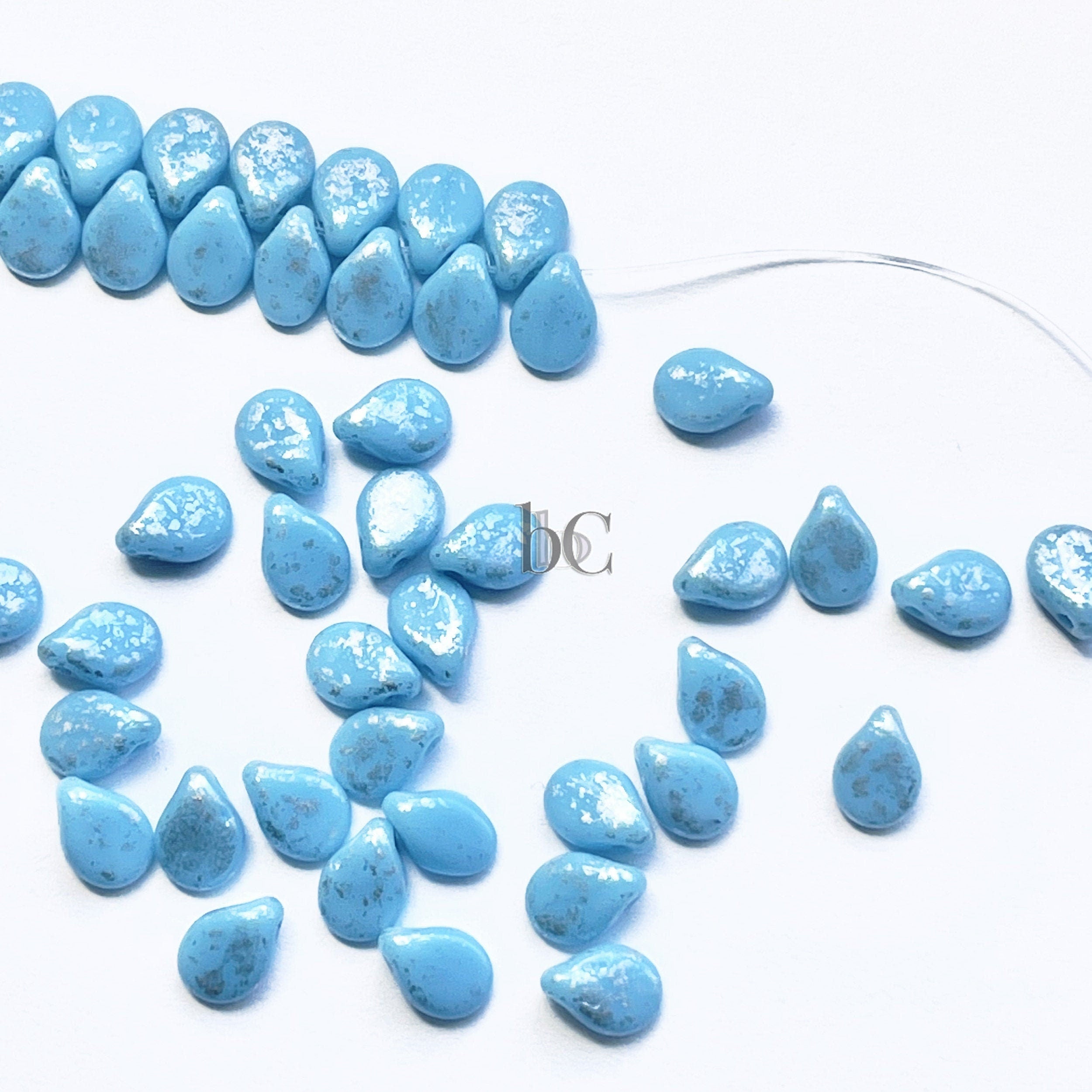 50pcs Czech Glass Pip Beads Opaque Turquoise BLUE SILVER DUST Petals - Drop Beads - Preciosa pip 5x7mm