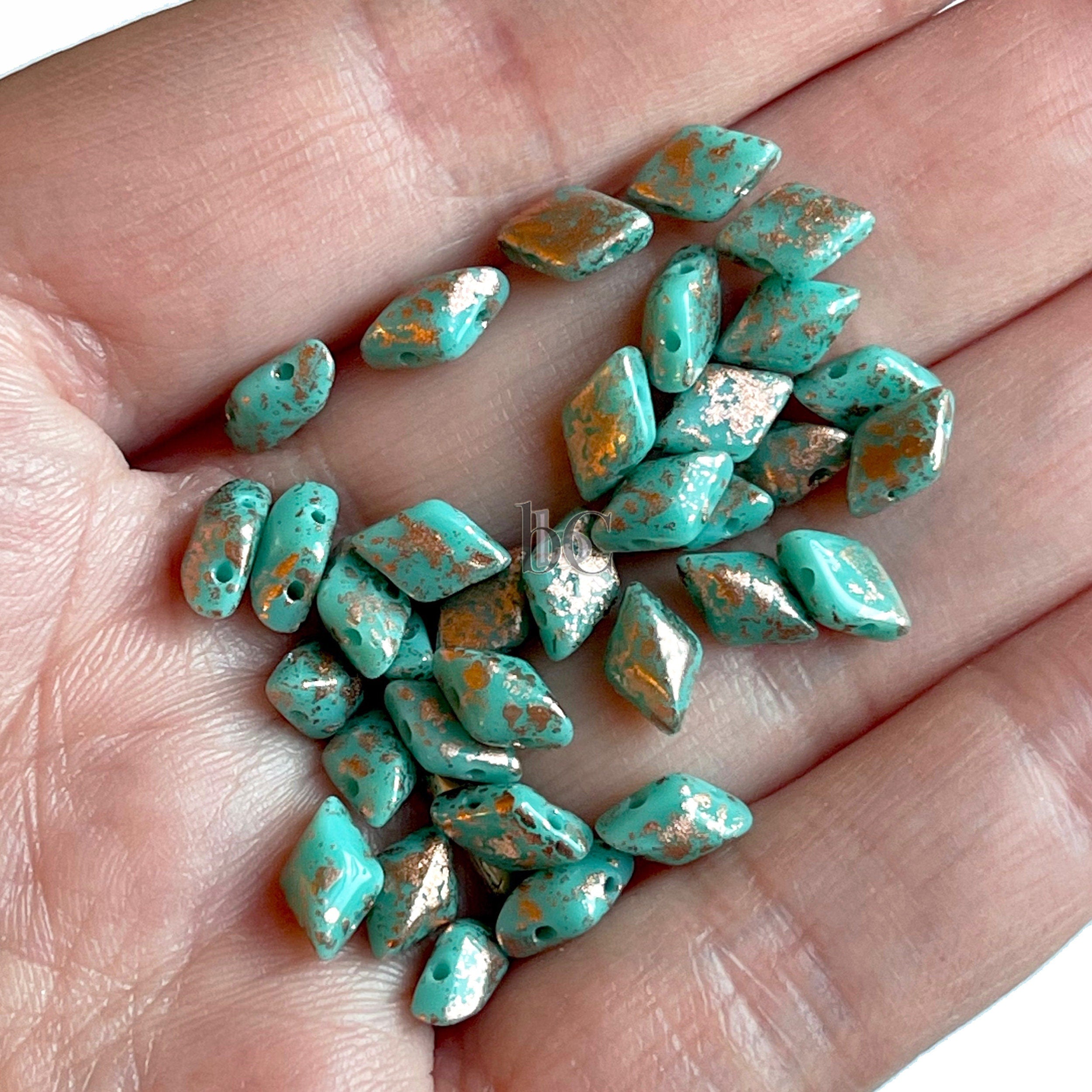 70pcs Czech GEMDUO beads - 2 hole beads - Opaque Turquoise Green COPPER SPLASH - 5x8mm