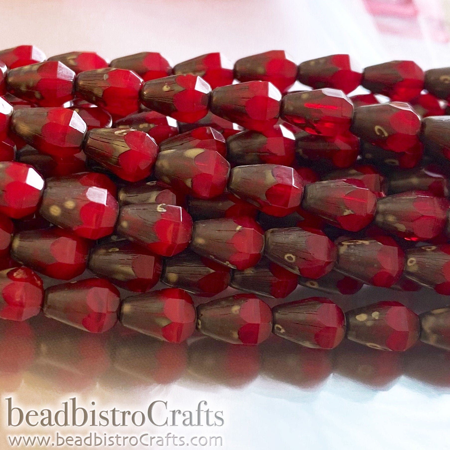 Fire Red Facetted Glass Drop beads - 18pcs Silky Red Opal BROWN TRAVERTINE facetted Czech glass bead - 8x6mm * NEW Old Stock *