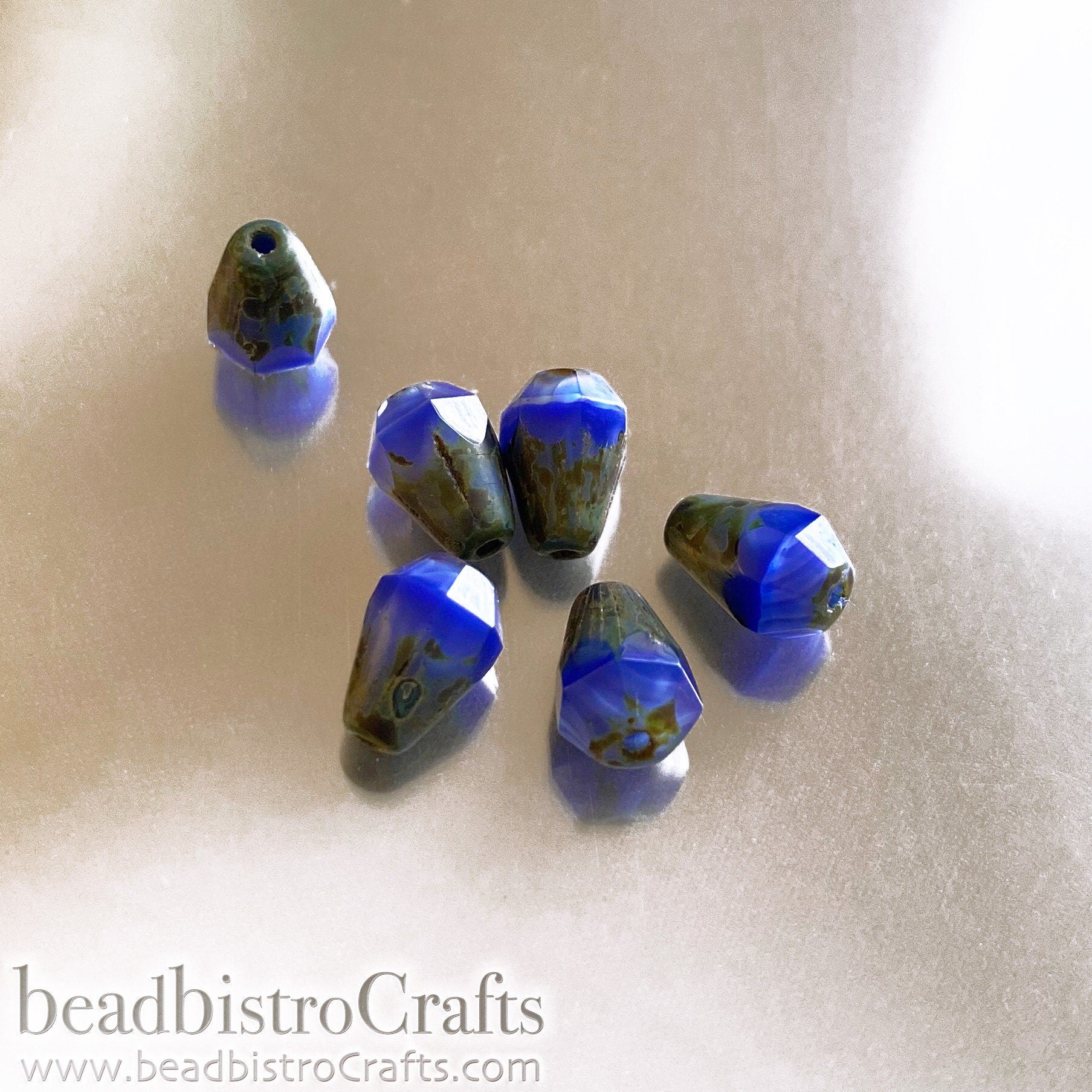 Opaque Cobalt Facetted Glass Drop beads - 18pcs Silky Blue TRAVERTINE facetted Czech glass bead - 8x6mm * NEW Old Stock *