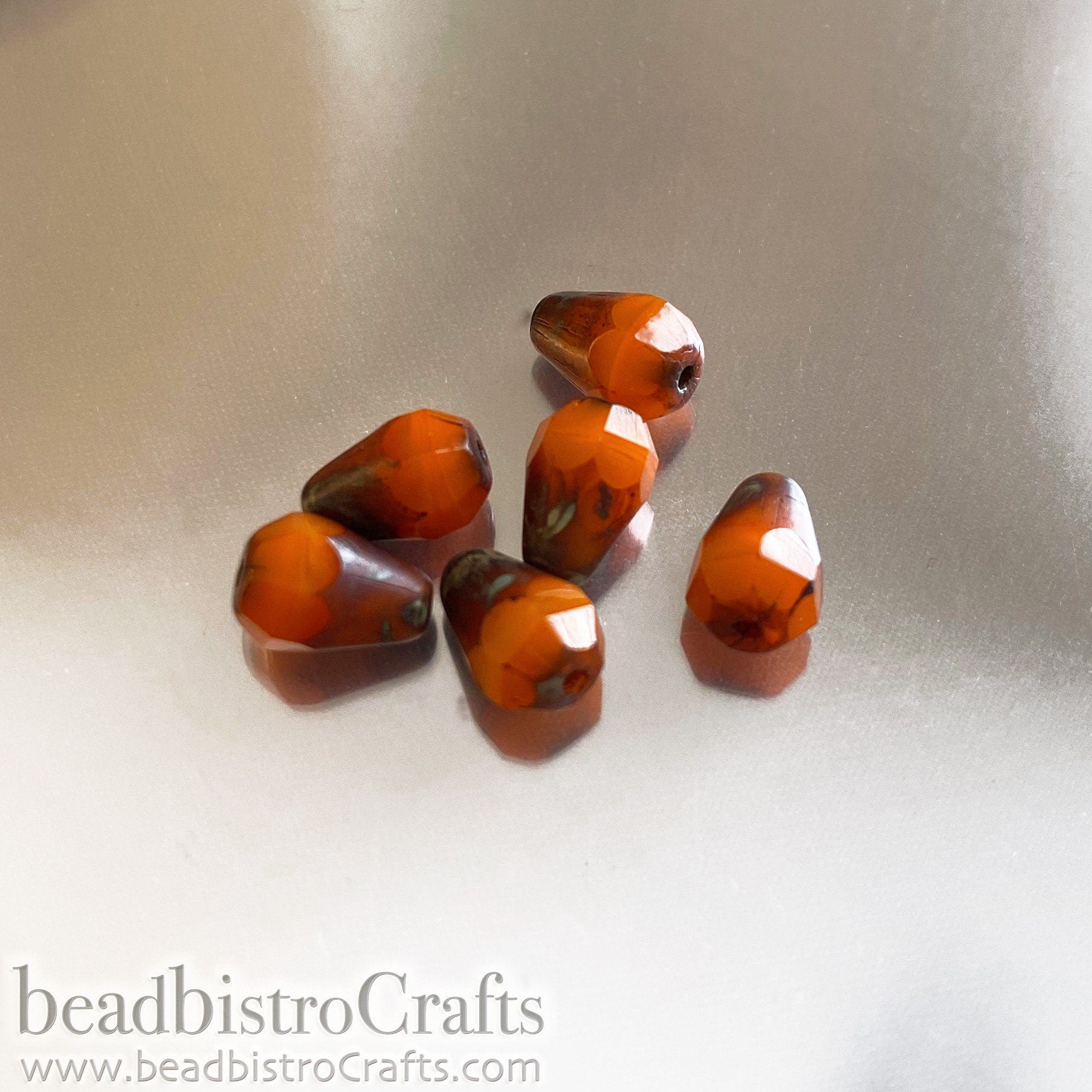 Pumpkin Orange Facetted Glass Drop beads - 18pcs Silky Pumpkin TRAVERTINE facetted Czech glass bead - 8x6mm * NEW Old Stock *