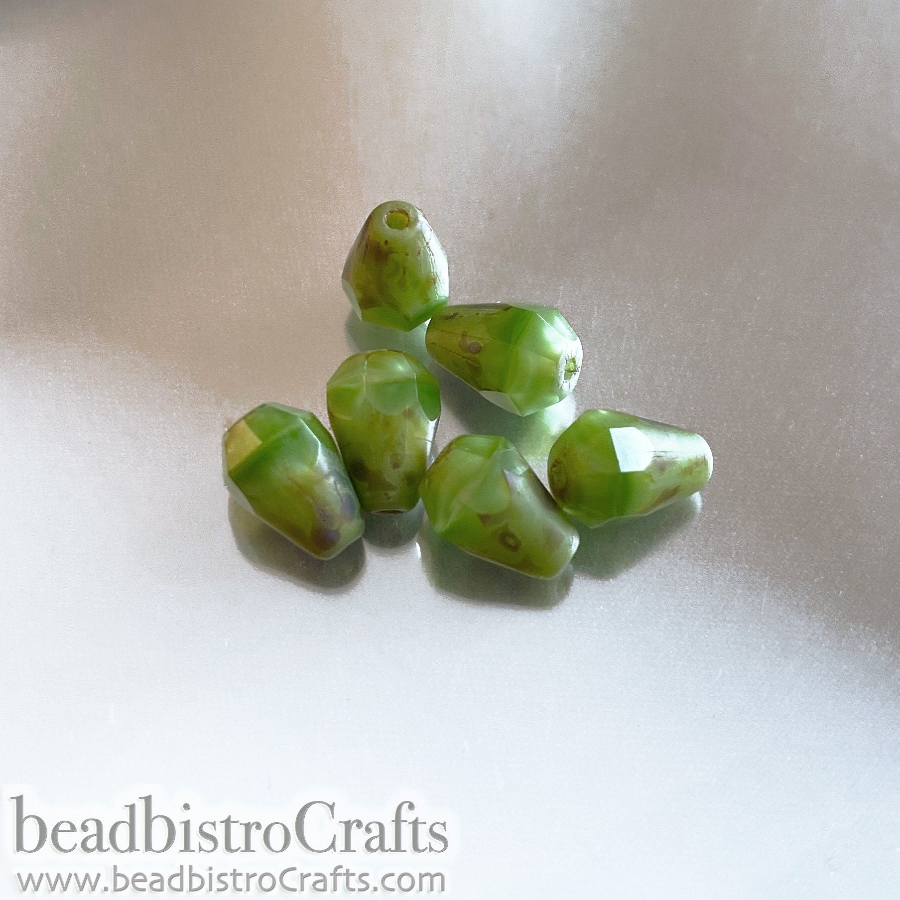 Lime Facetted Glass Drop beads - 18pcs Silky Lime Green TRAVERTINE facetted Czech glass bead - 8x6mm * NEW Old Stock *