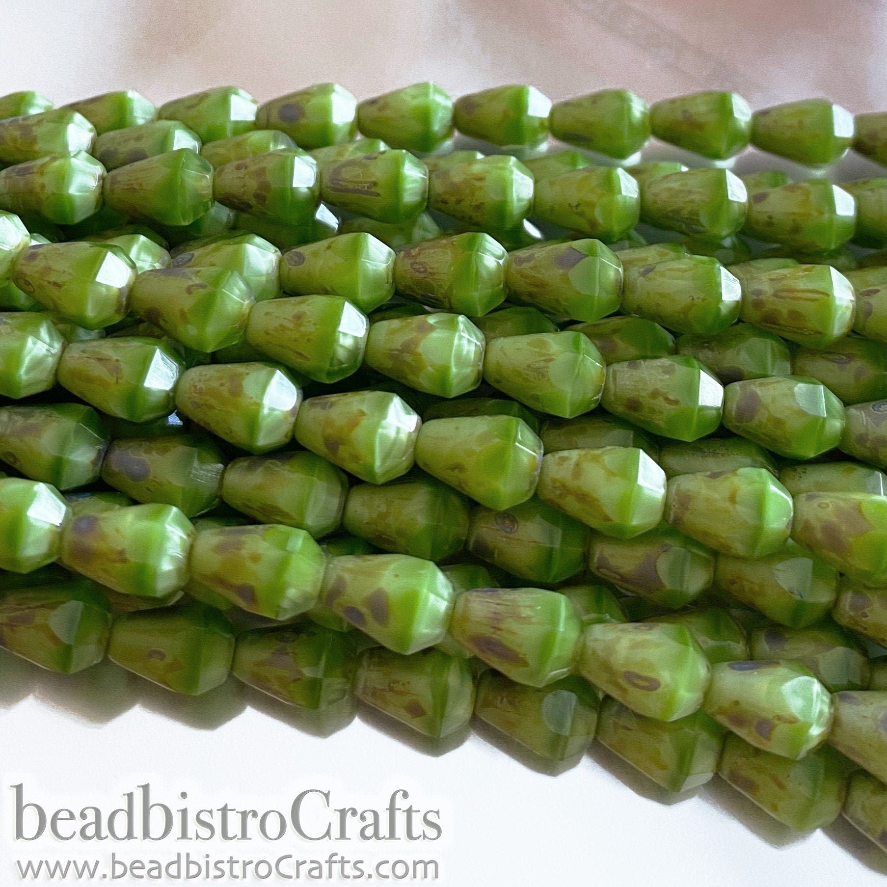 Lime Facetted Glass Drop beads - 18pcs Silky Lime Green TRAVERTINE facetted Czech glass bead - 8x6mm * NEW Old Stock *