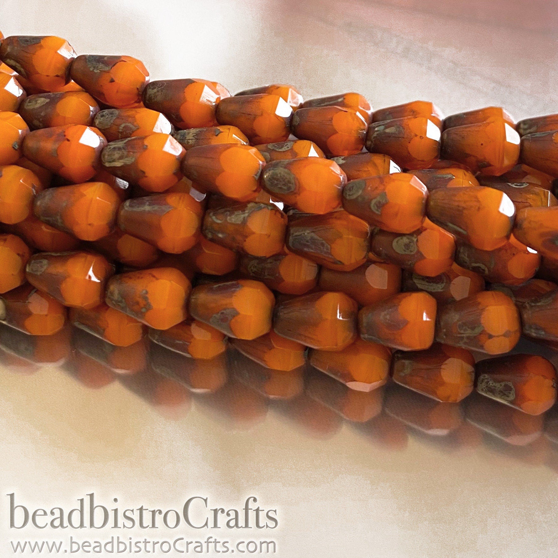 Pumpkin Orange Facetted Glass Drop beads - 18pcs Silky Pumpkin TRAVERTINE facetted Czech glass bead - 8x6mm * NEW Old Stock *