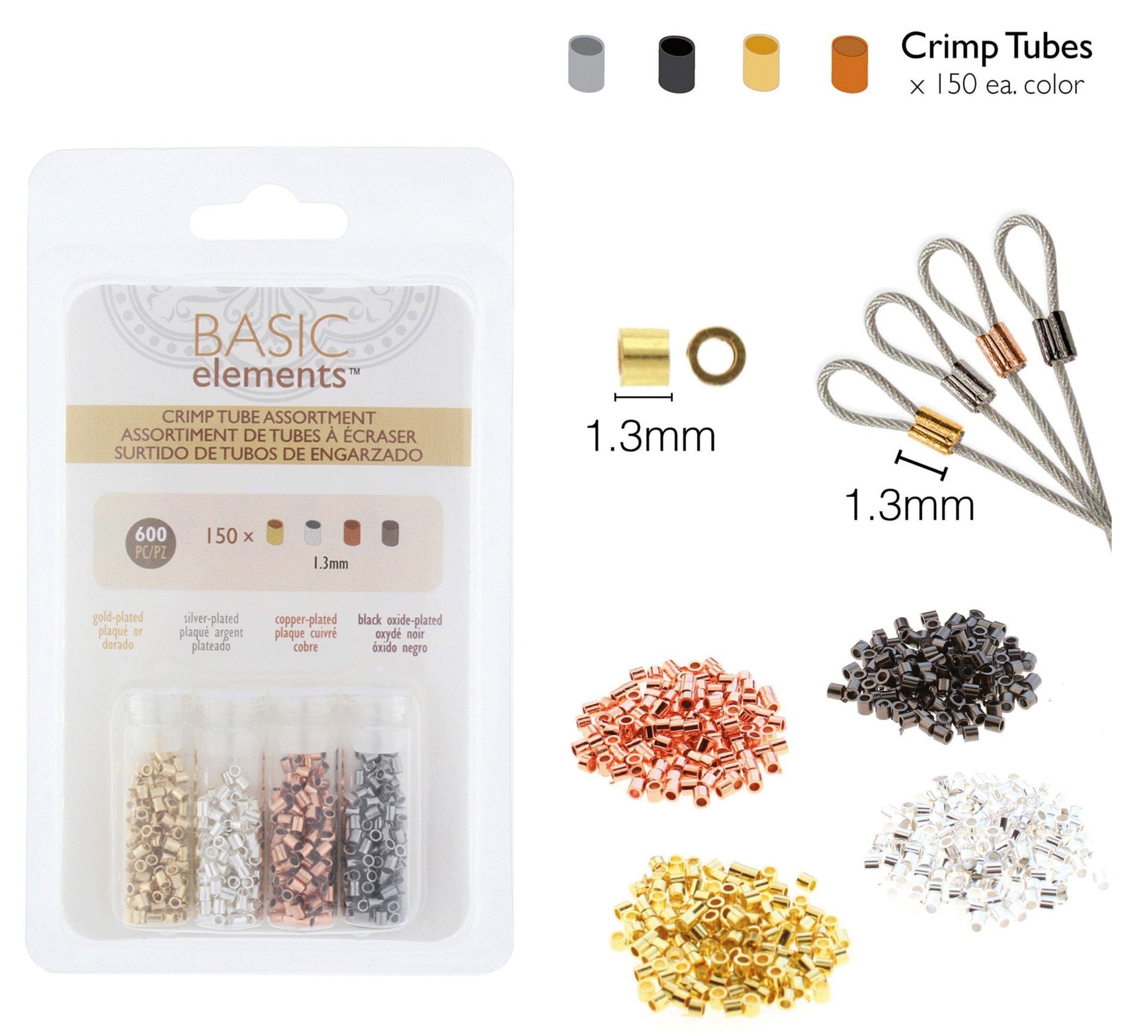 Beadsmith Crimp Tubes 1.3mm, Basic Elements by Beadsmith, 4 Color Variety Pack, 600 Pieces