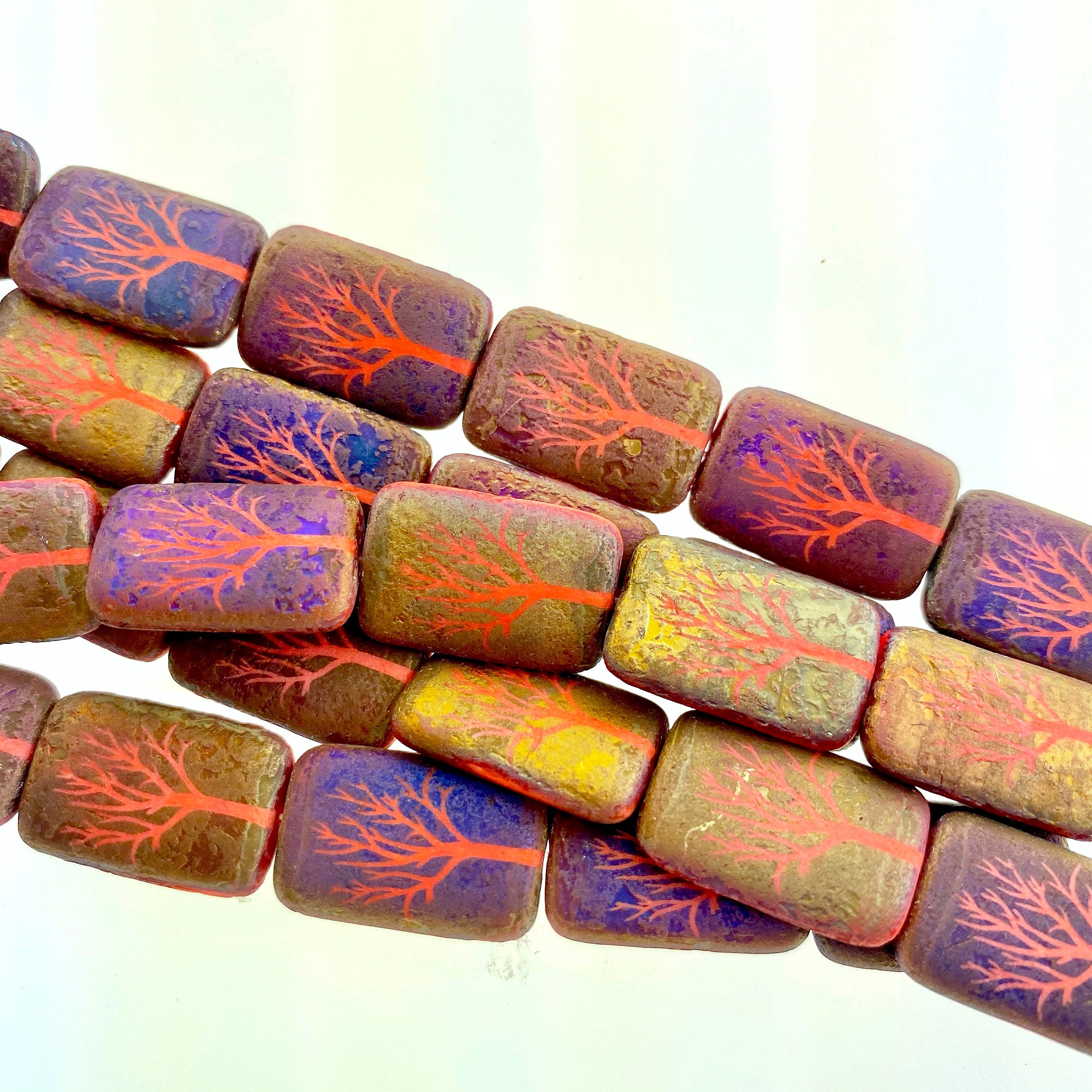 Czech Glass Beads ~ Tree of Life Opaque Coral Acid Sliperit - 18x12mm Laser Tattoo Etched Beads