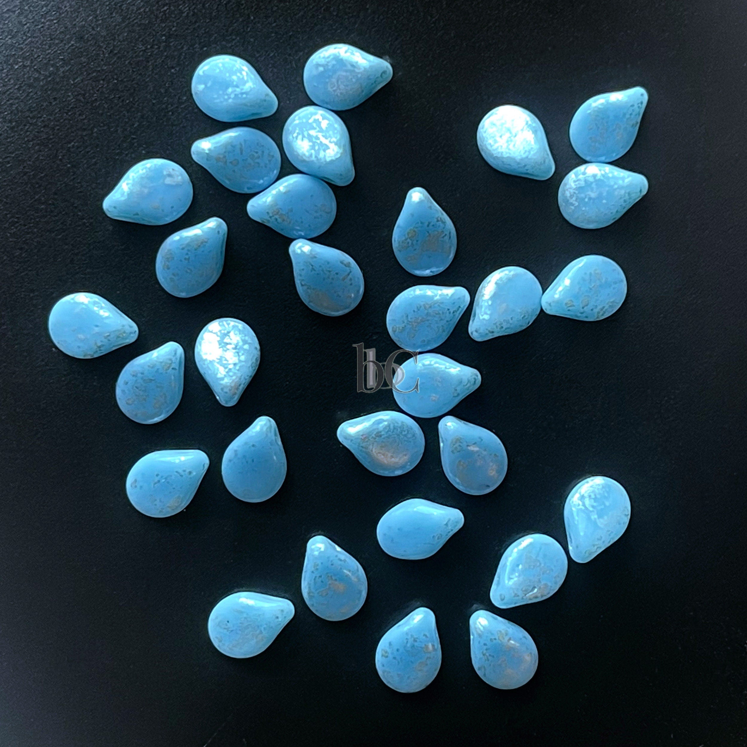 50pcs Czech Glass Pip Beads Opaque Turquoise BLUE SILVER DUST Petals - Drop Beads - Preciosa pip 5x7mm