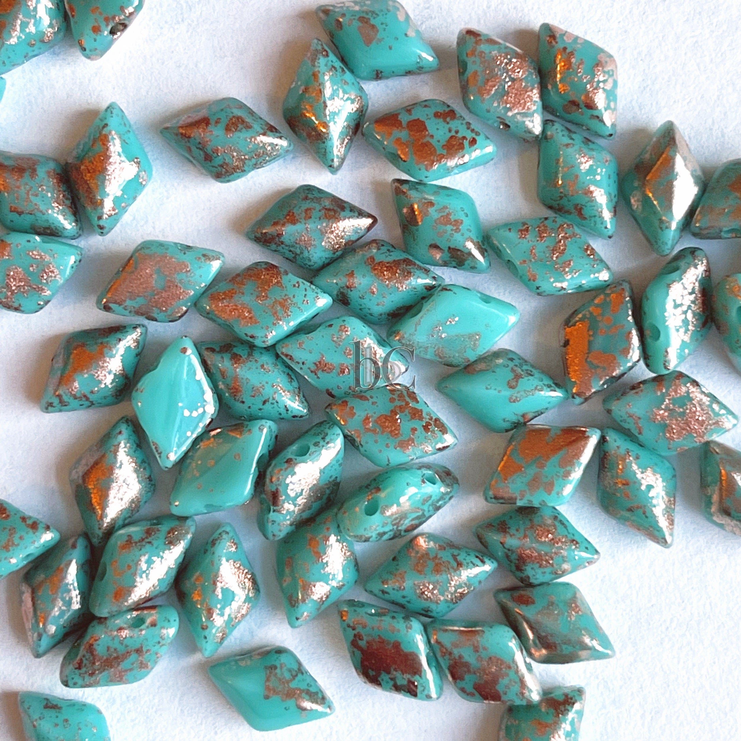 70pcs Czech GEMDUO beads - 2 hole beads - Opaque Turquoise Green COPPER SPLASH - 5x8mm