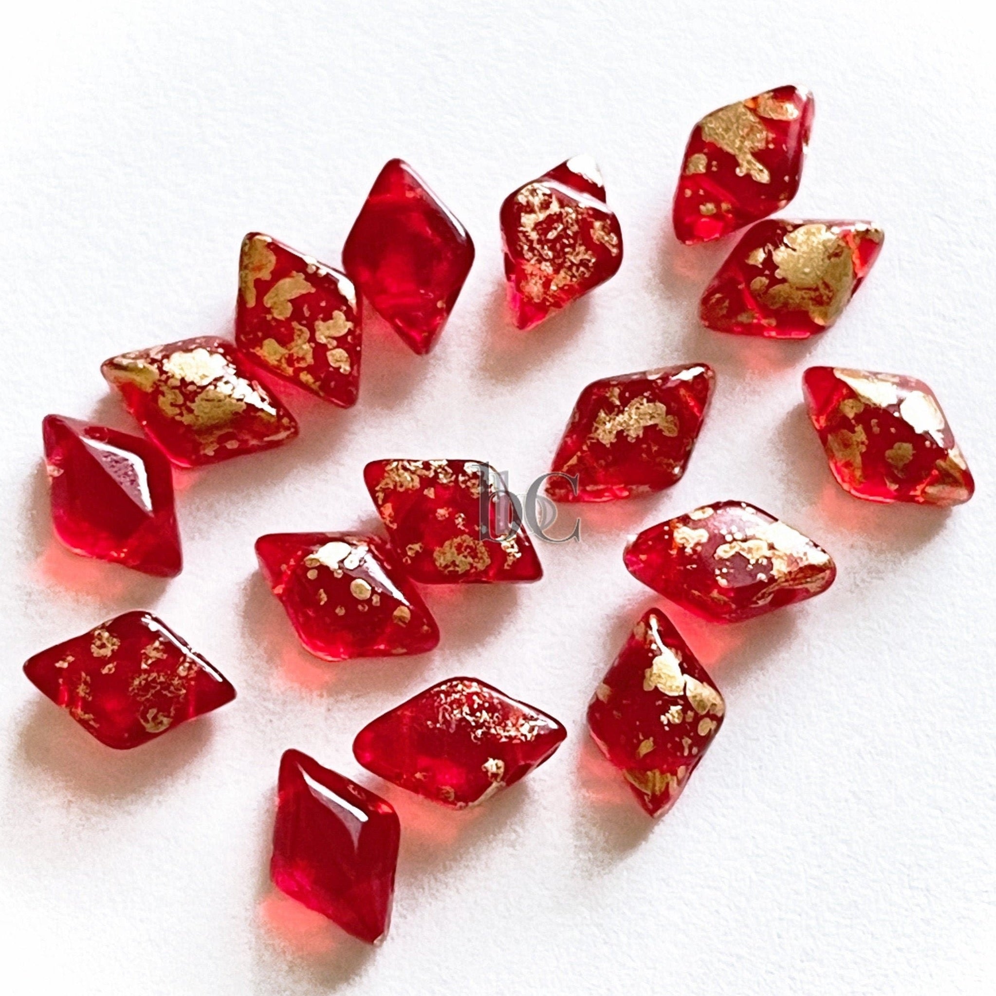 70pcs Czech GEMDUO beads - 2 hole beads - Siam Red GOLD SPLASH - 5x8mm