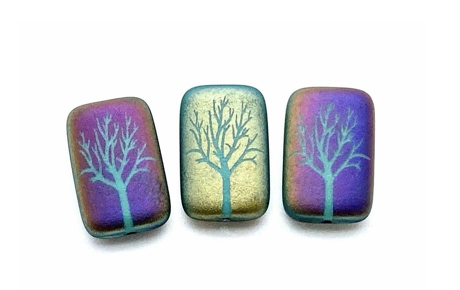 Czech Glass Beads Winter Tree Matte Opaque Turquoise Sliperit - 18x12mm Laser Tattoo Beads