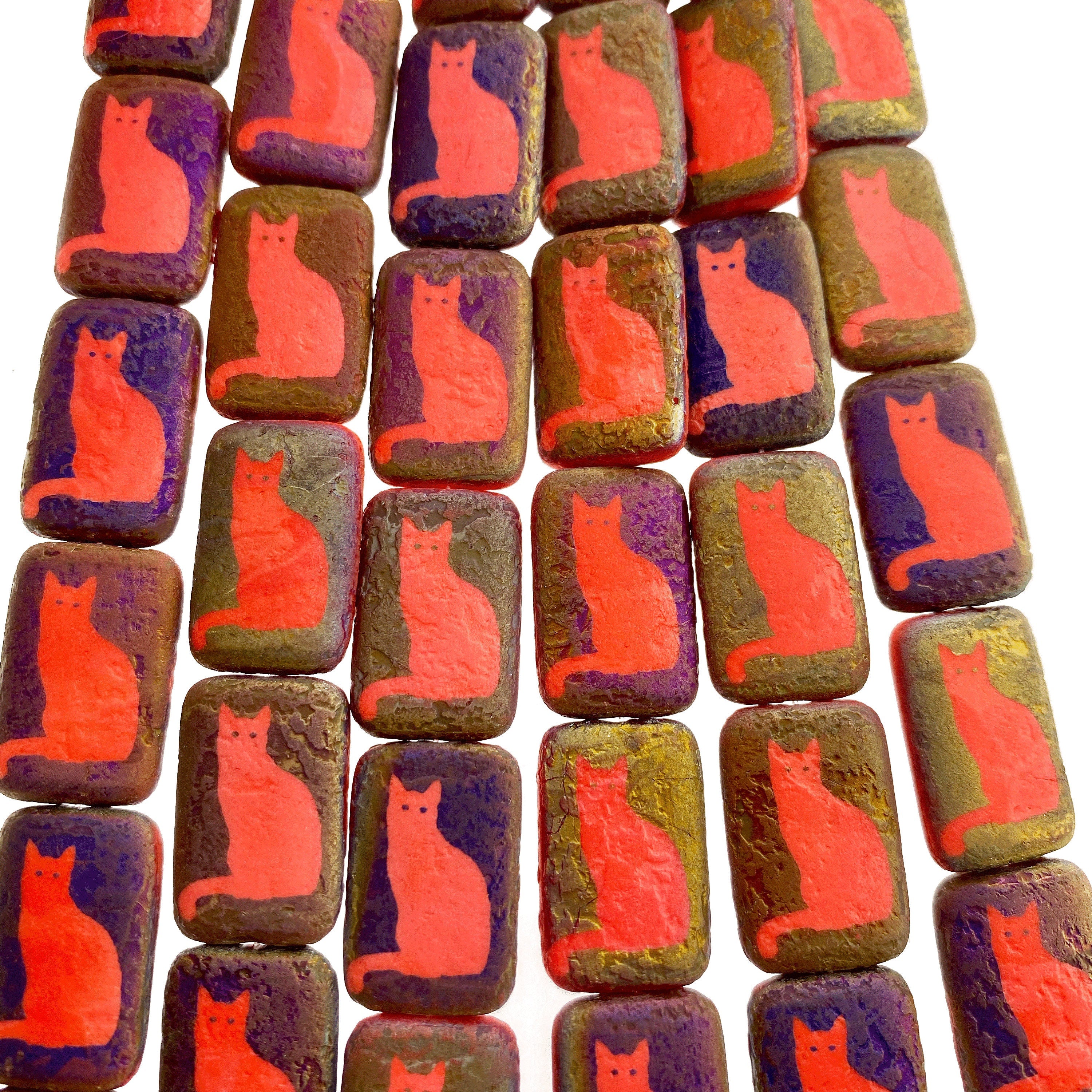 Czech Glass Beads ~ Cat Opaque Coral Sliperit - 18x12mm Laser Tattoo Etched Beads