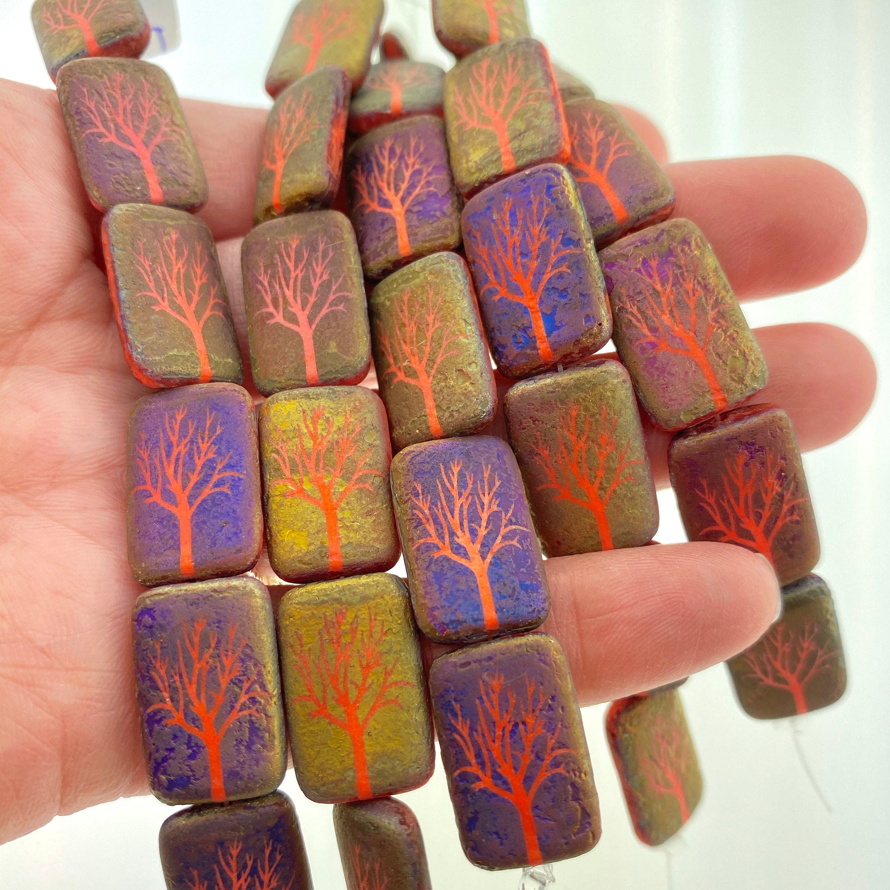 Czech Glass Beads ~ Tree of Life Opaque Coral Acid Sliperit - 18x12mm Laser Tattoo Etched Beads