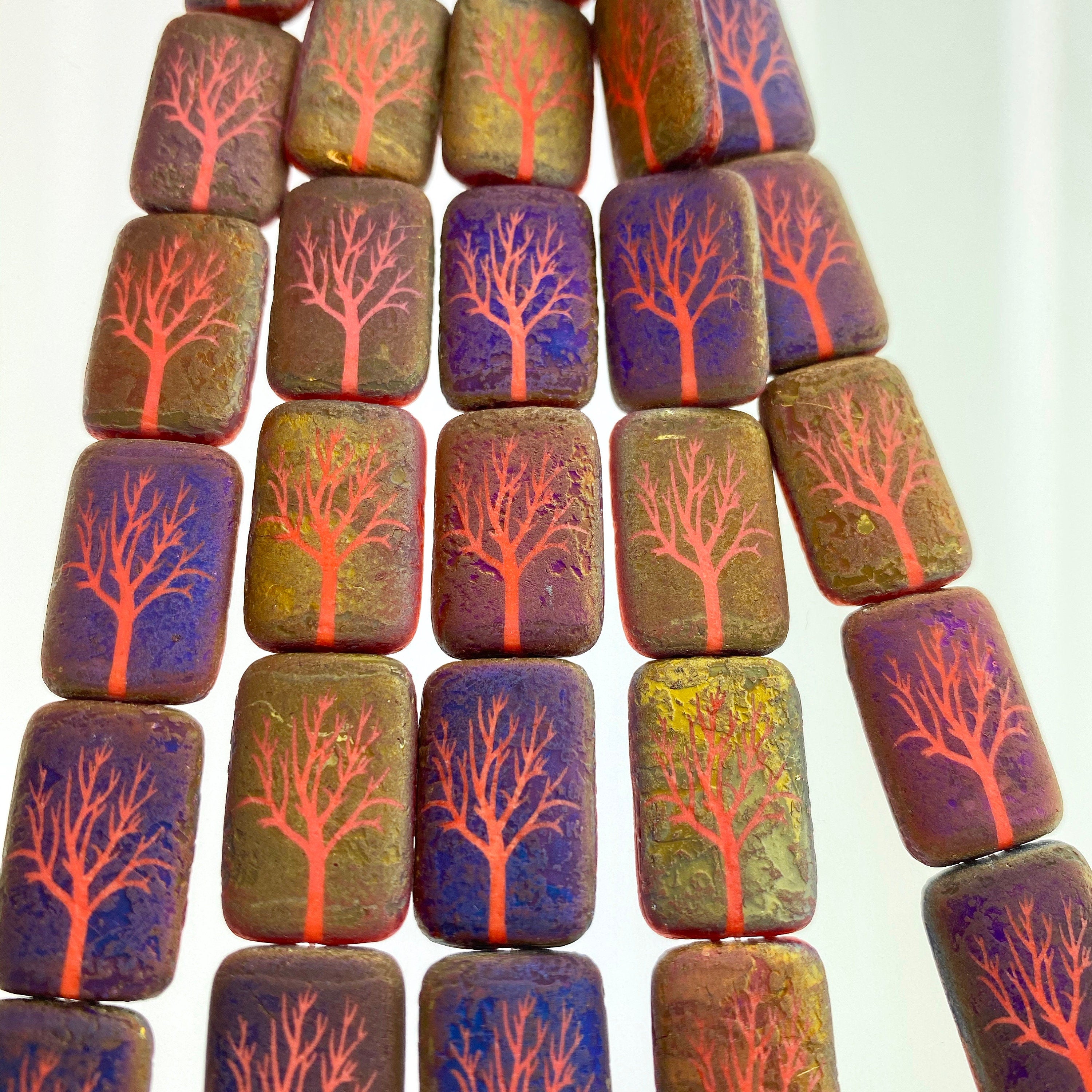 Czech Glass Beads ~ Tree of Life Opaque Coral Acid Sliperit - 18x12mm Laser Tattoo Etched Beads