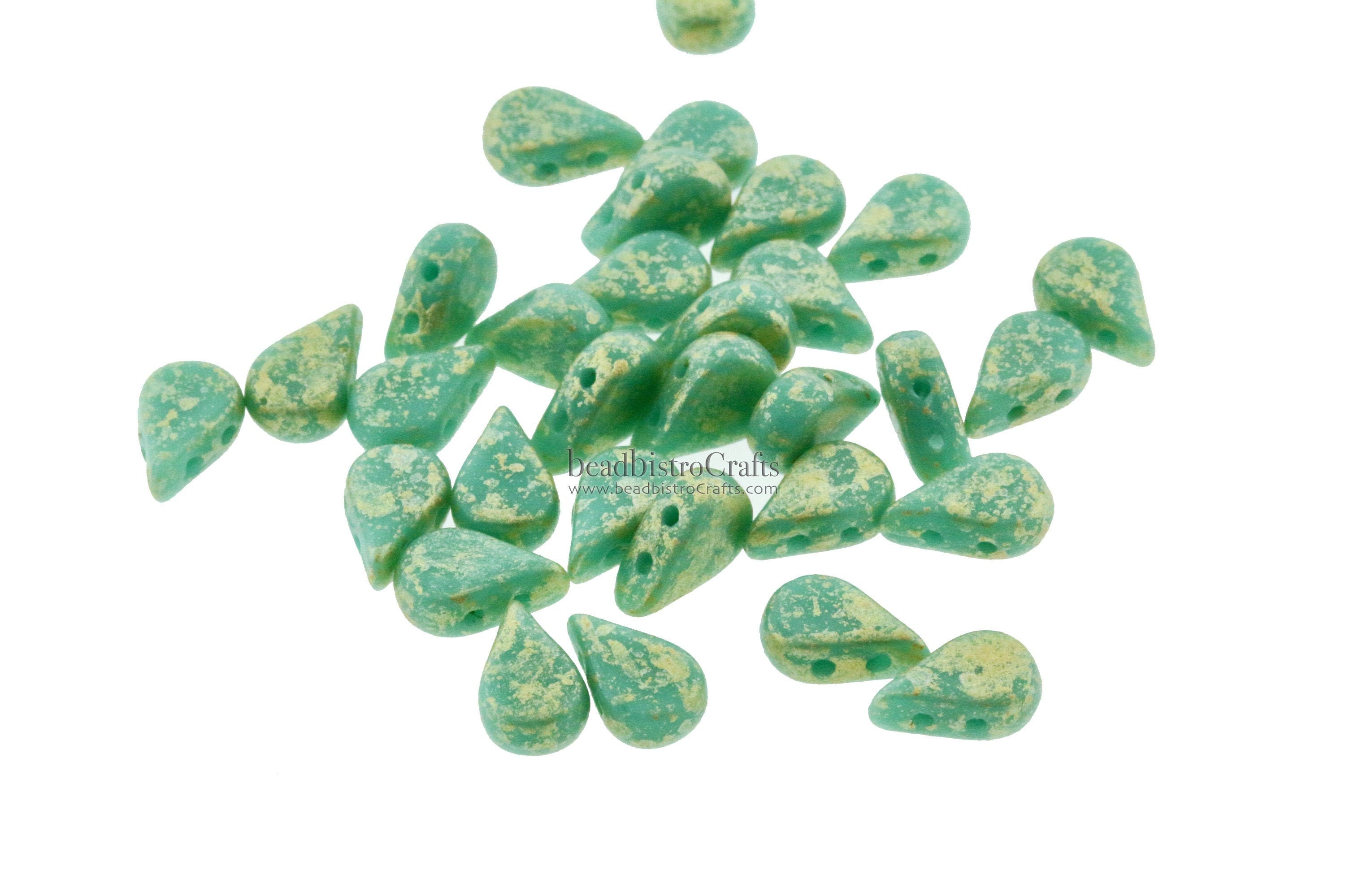 30pcs Czech AMOS® Par Puca® beads - 2 hole beads - Opaque Green Turquoise GOLD SPLASH - 5x8mm - drop beads