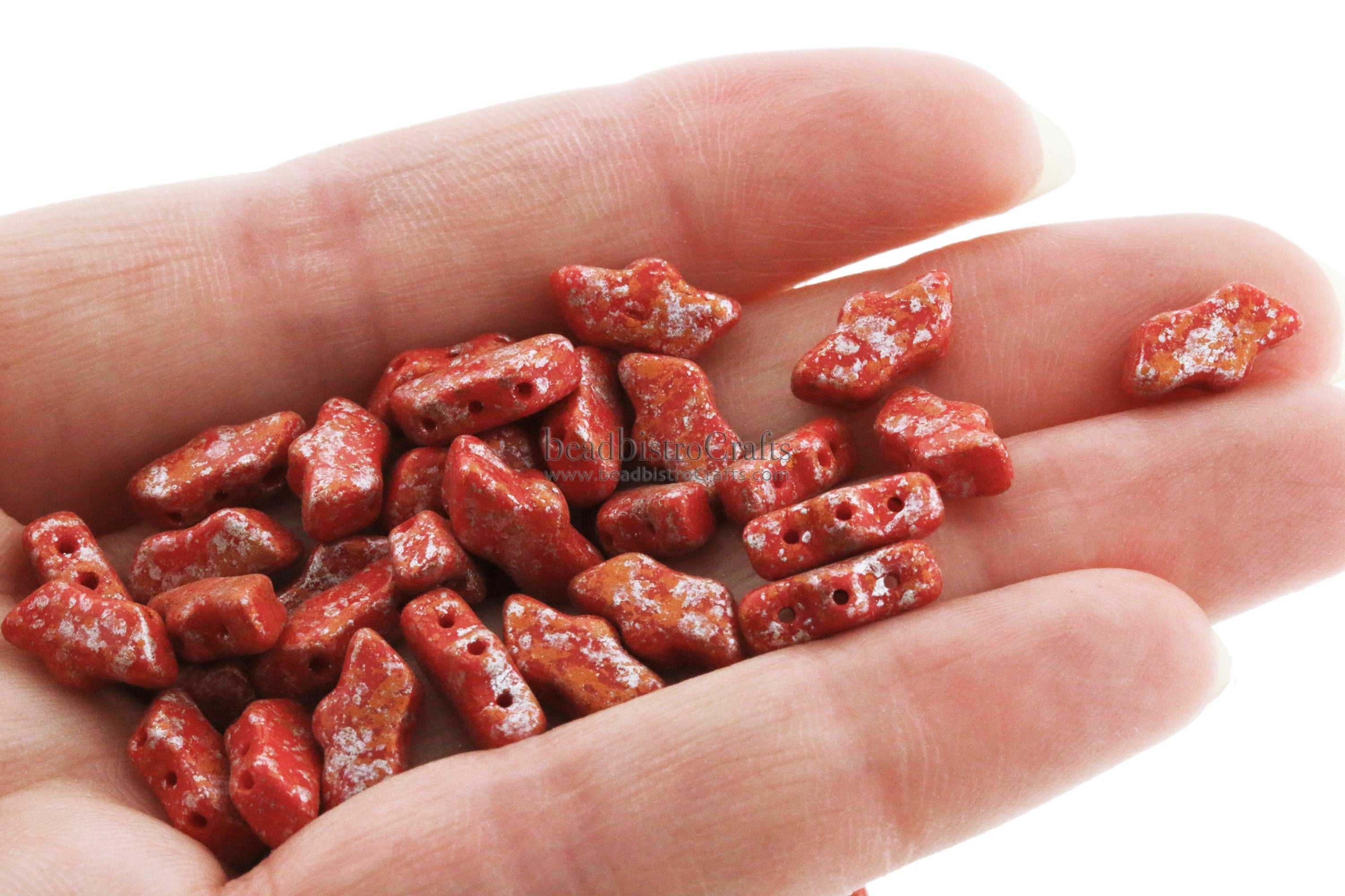 20pcs Czech DELOS® Par Puca® beads - 3 hole beads - Opaque Coral Red TWEEDY - 6x11mm