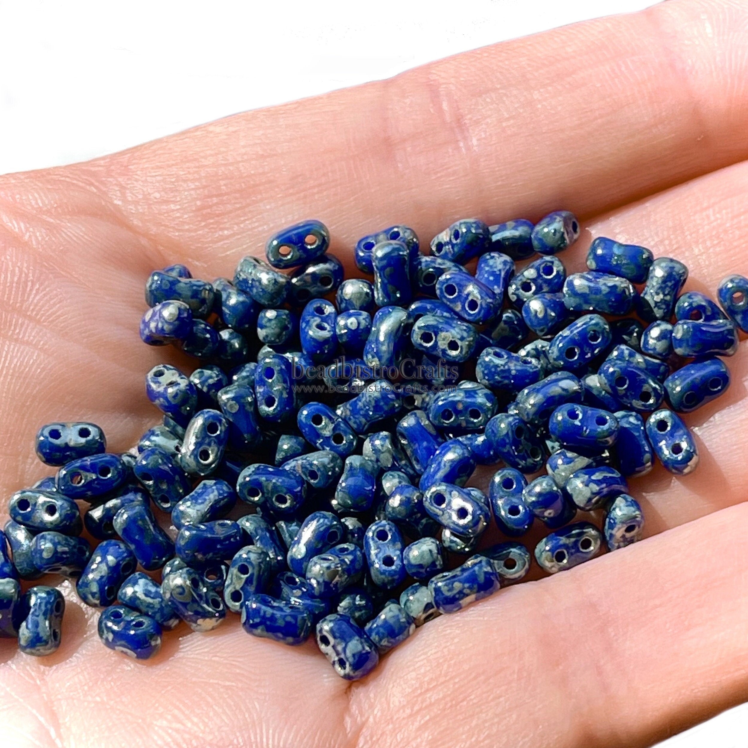 10g Czech Glass Bi-Bo bead - 2 hole beads Opaque Blue PICASSO (SILVER PICASSO) - Bow beads - 5.5x2.8mm