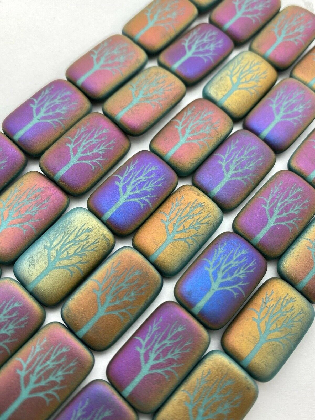 Czech Glass Beads Winter Tree Matte Opaque Turquoise Sliperit - 18x12mm Laser Tattoo Beads