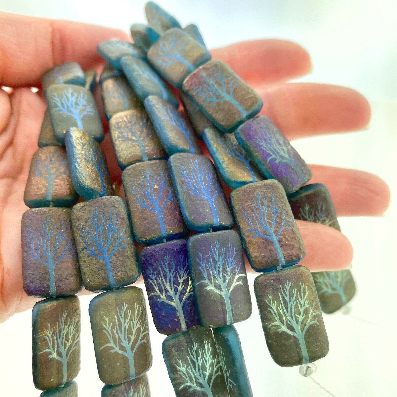 Czech Glass Beads ~ Tree of Life Dark Blue Opal Sliperit - 18x12mm Laser Tattoo Etched Beads