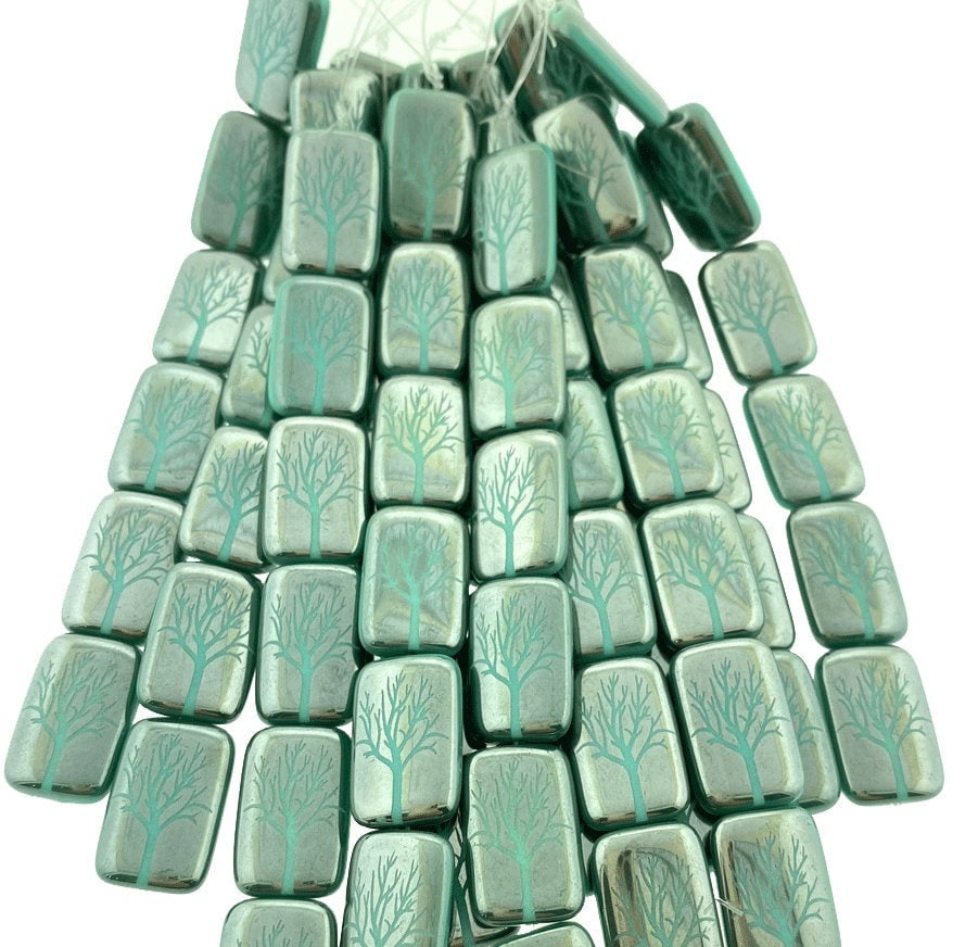 Czech Glass Beads ~ Winter Tree Green Turquoise Chrome - 18x12mm Laser Tattoo Beads