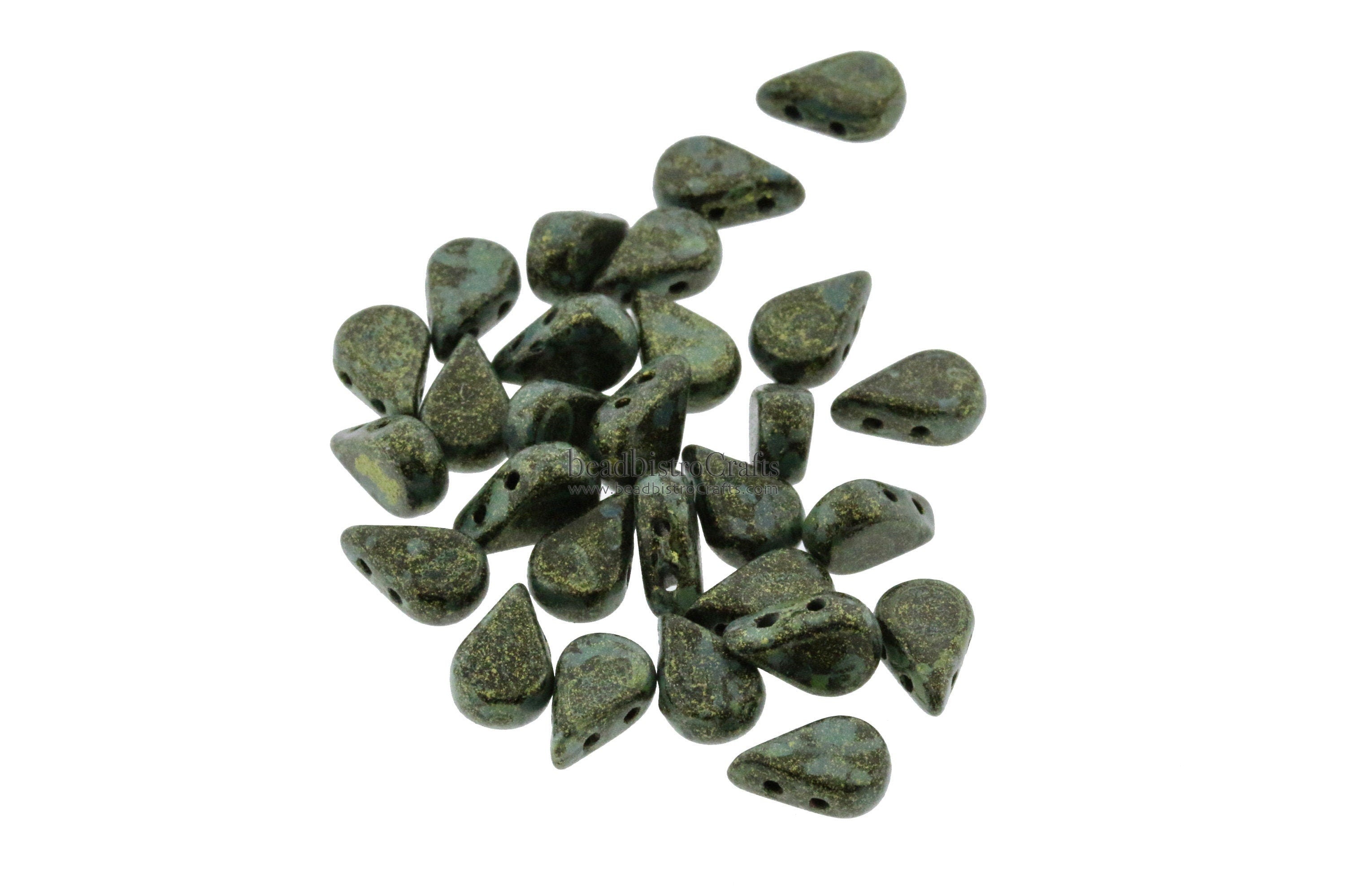 30pcs Czech AMOS® Par Puca® beads - 2 hole beads - METALLIC Matte GREEN Spotted - 5x8mm - drop beads
