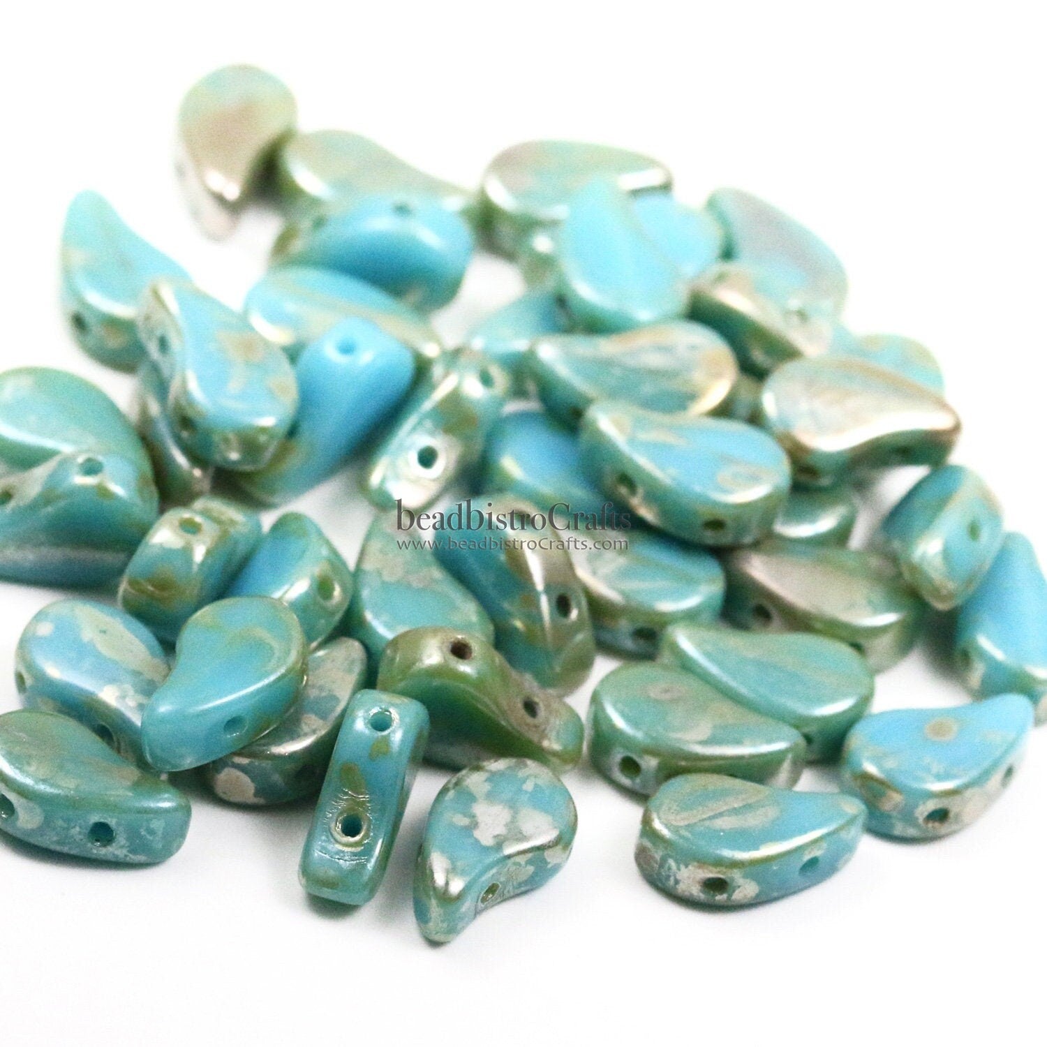 40pcs Czech PAISLEYDUO beads - 2 hole beads - Turquoise Blue REMBRANDT - Paisley Duo bead - 5x8mm