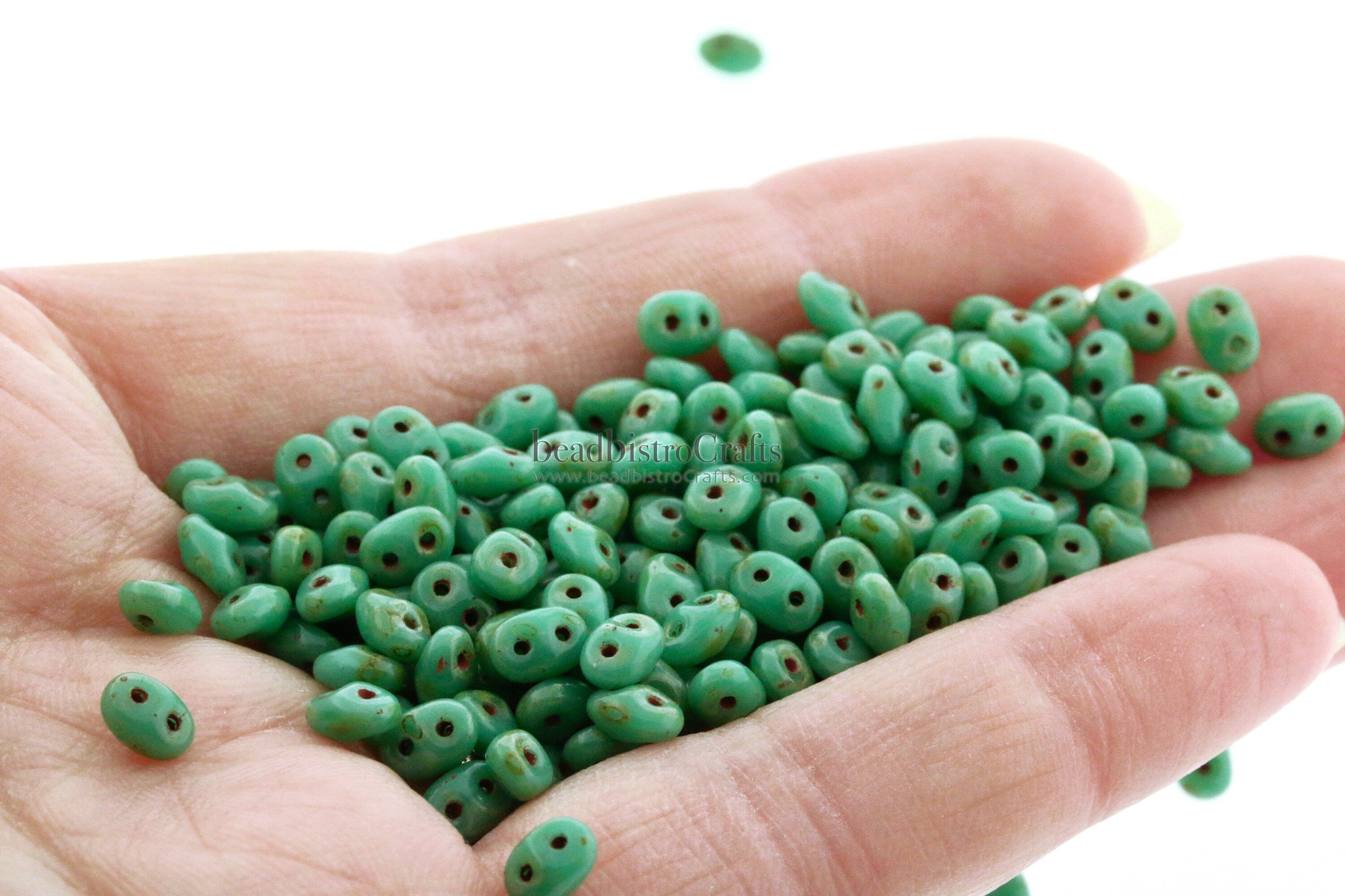 10g Czech SuperDuo 2 - hole beads - Opaque Green Turquoise TRAVERTINE ** - 2.5x5mm