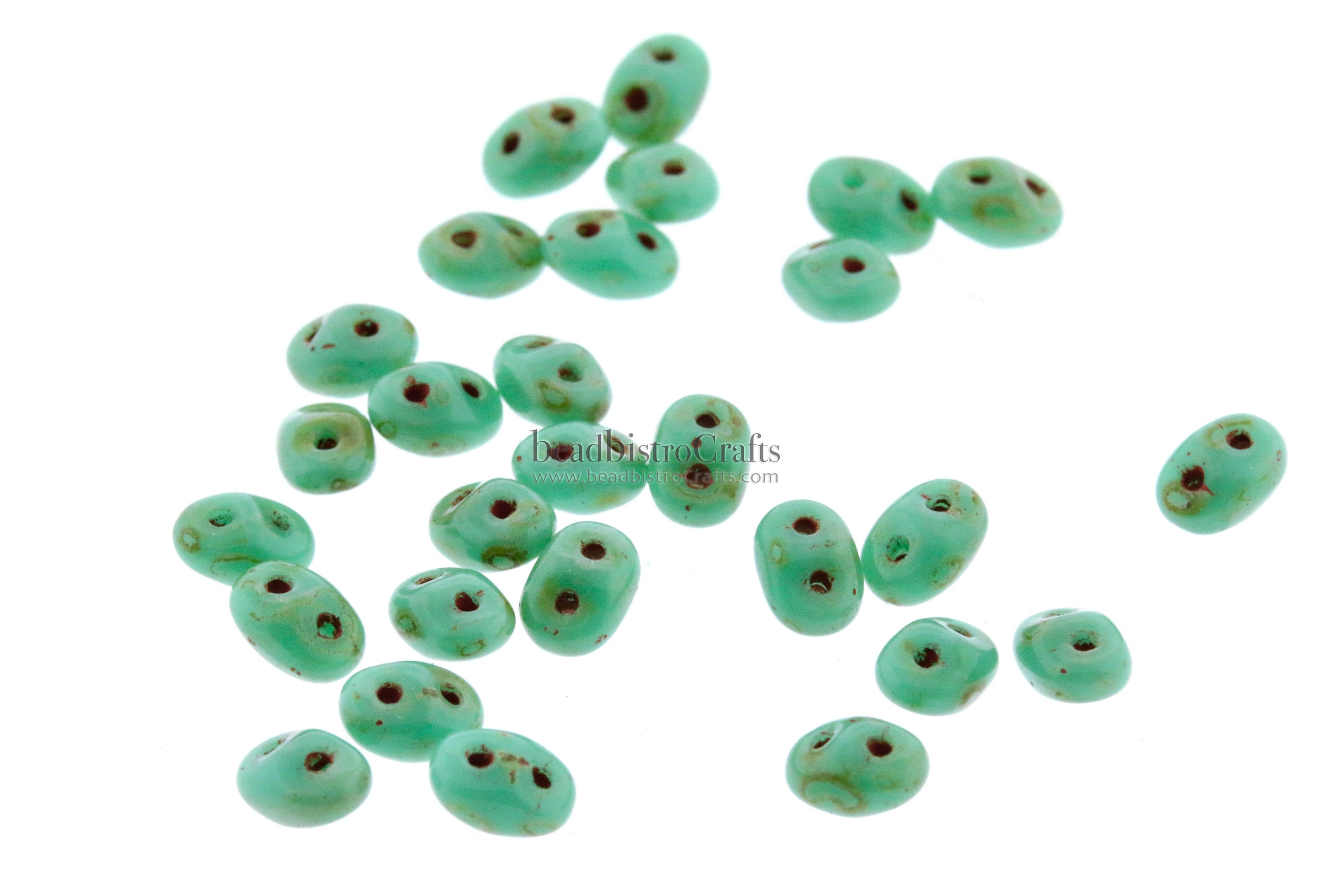 10g Czech SuperDuo 2 - hole beads - Opaque Green Turquoise TRAVERTINE ** - 2.5x5mm