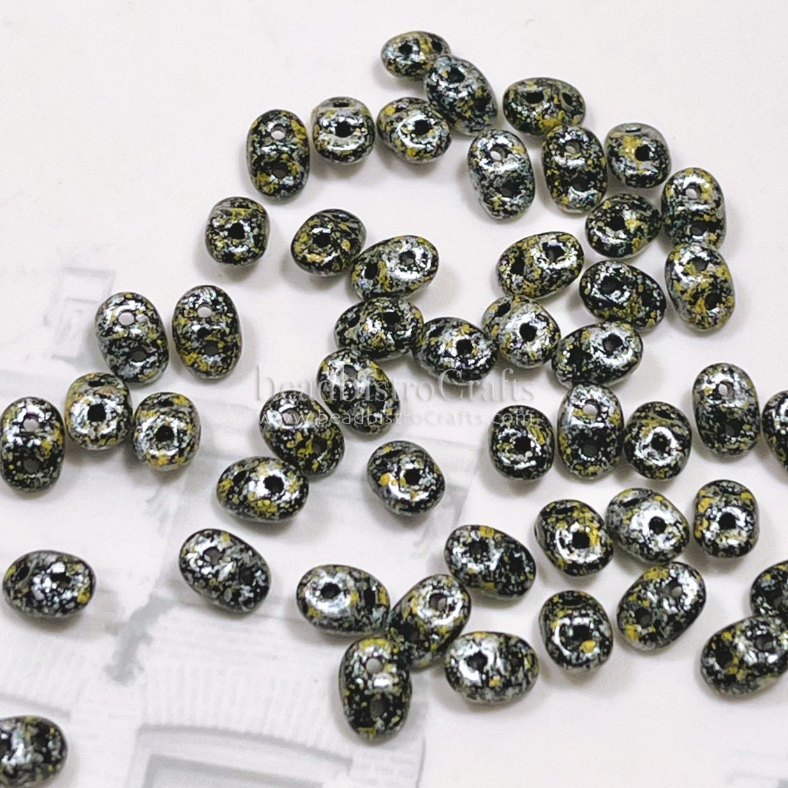 10g Czech SuperDuo 2 - hole beads - Jet TWEEDY YELLOW Granite-Look ** 2.5x5mm