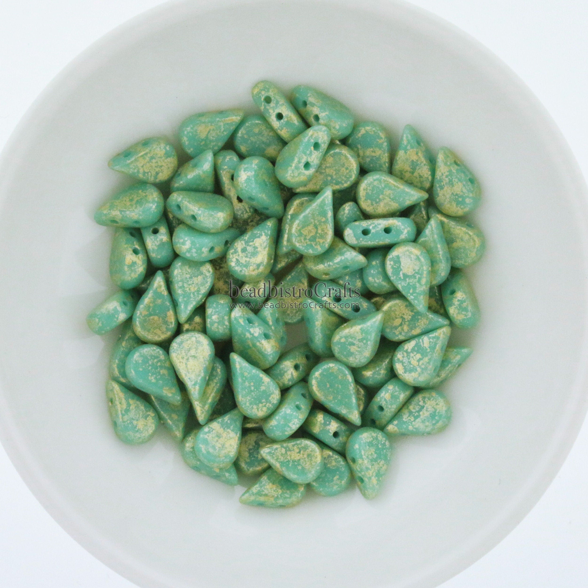 30pcs Czech AMOS® Par Puca® beads - 2 hole beads - Opaque Green Turquoise GOLD SPLASH - 5x8mm - drop beads