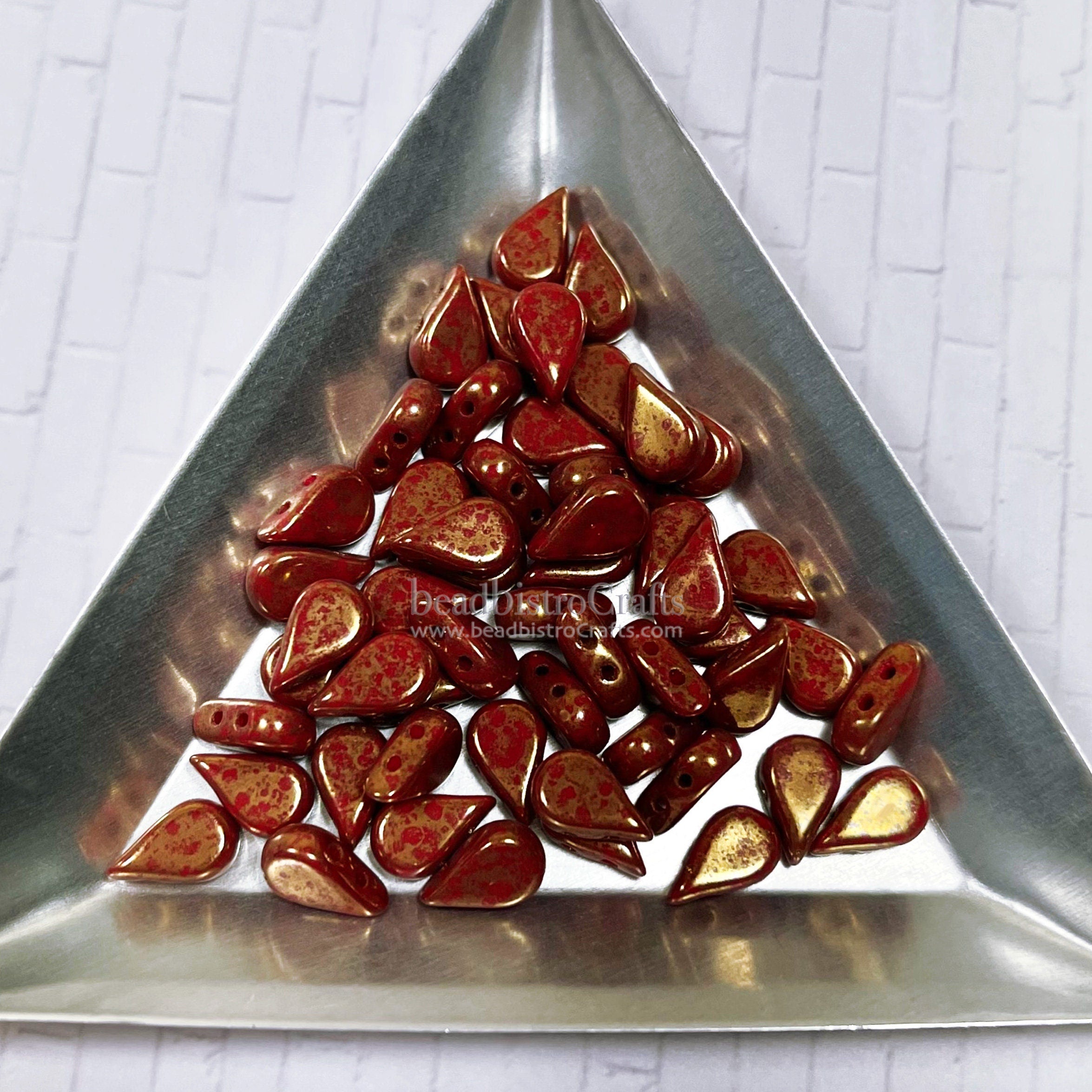 30pcs Czech AMOS® Par Puca® beads - 2 hole beads - Opaque Coral Red BRONZE - 5x8mm - drop beads