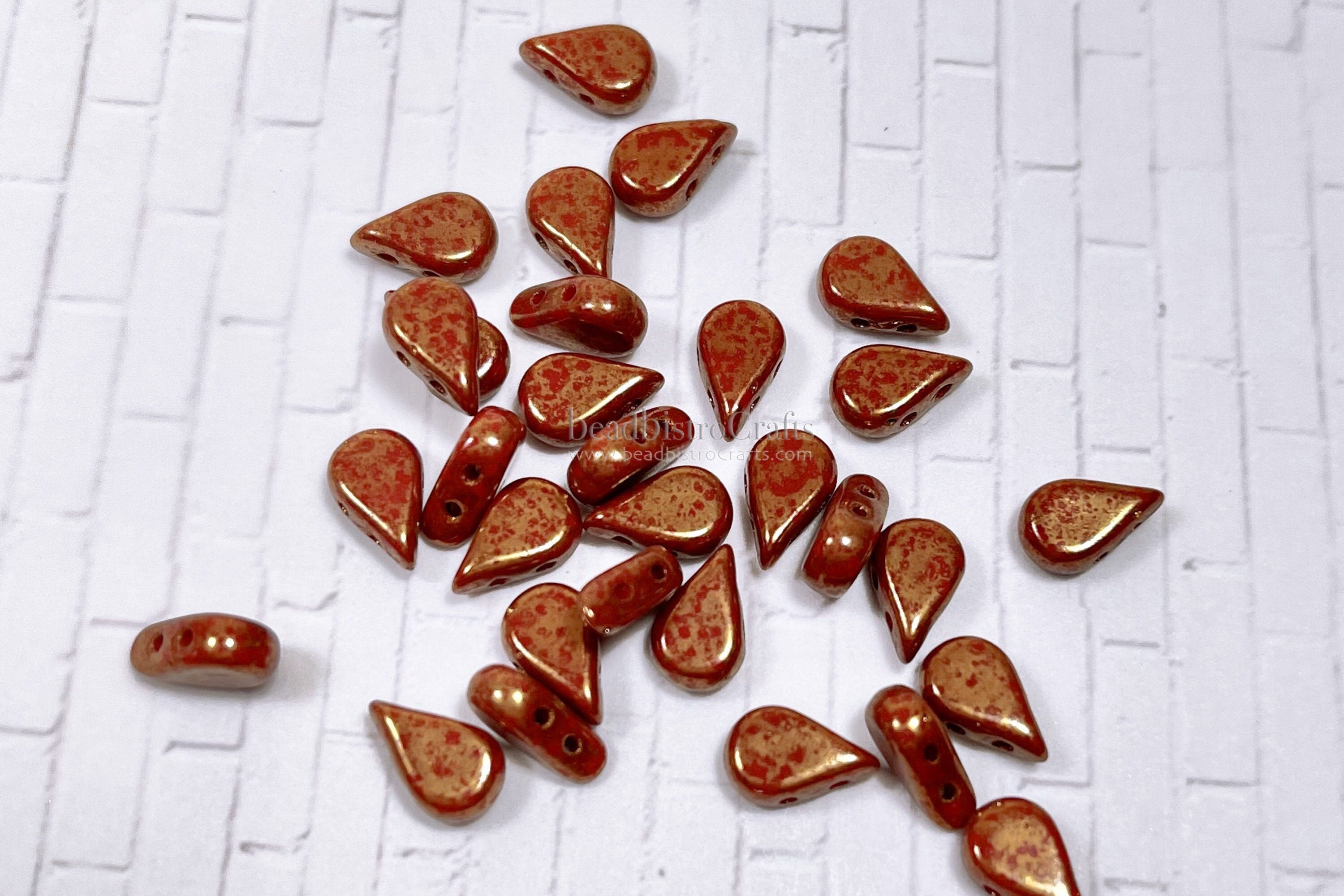 30pcs Czech AMOS® Par Puca® beads - 2 hole beads - Opaque Coral Red BRONZE - 5x8mm - drop beads