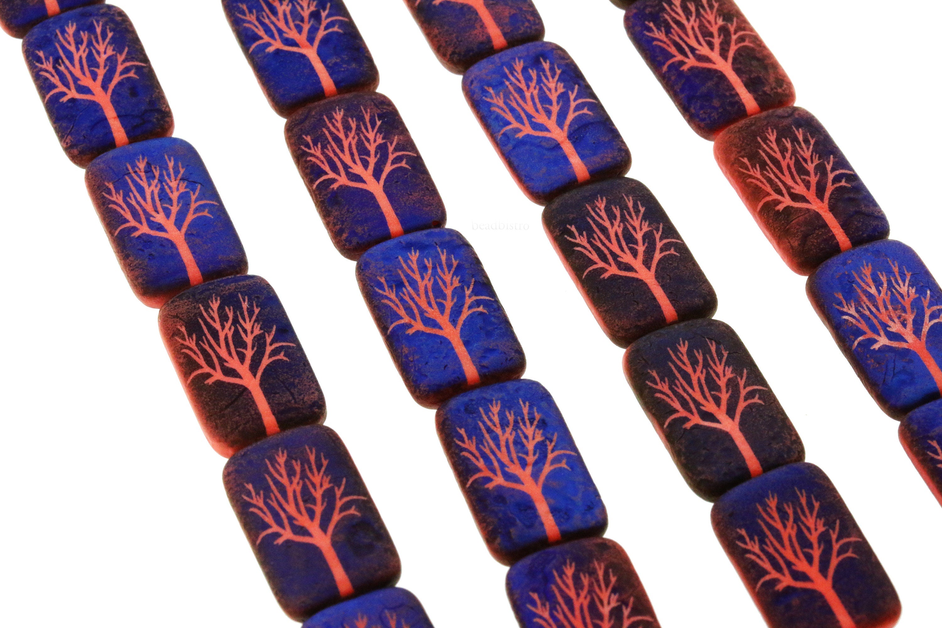 Czech Glass Beads ~ Winter Tree Opaque Coral Azuro Acid Sliperit - 18x12mm Laser Tattoo Etched Beads