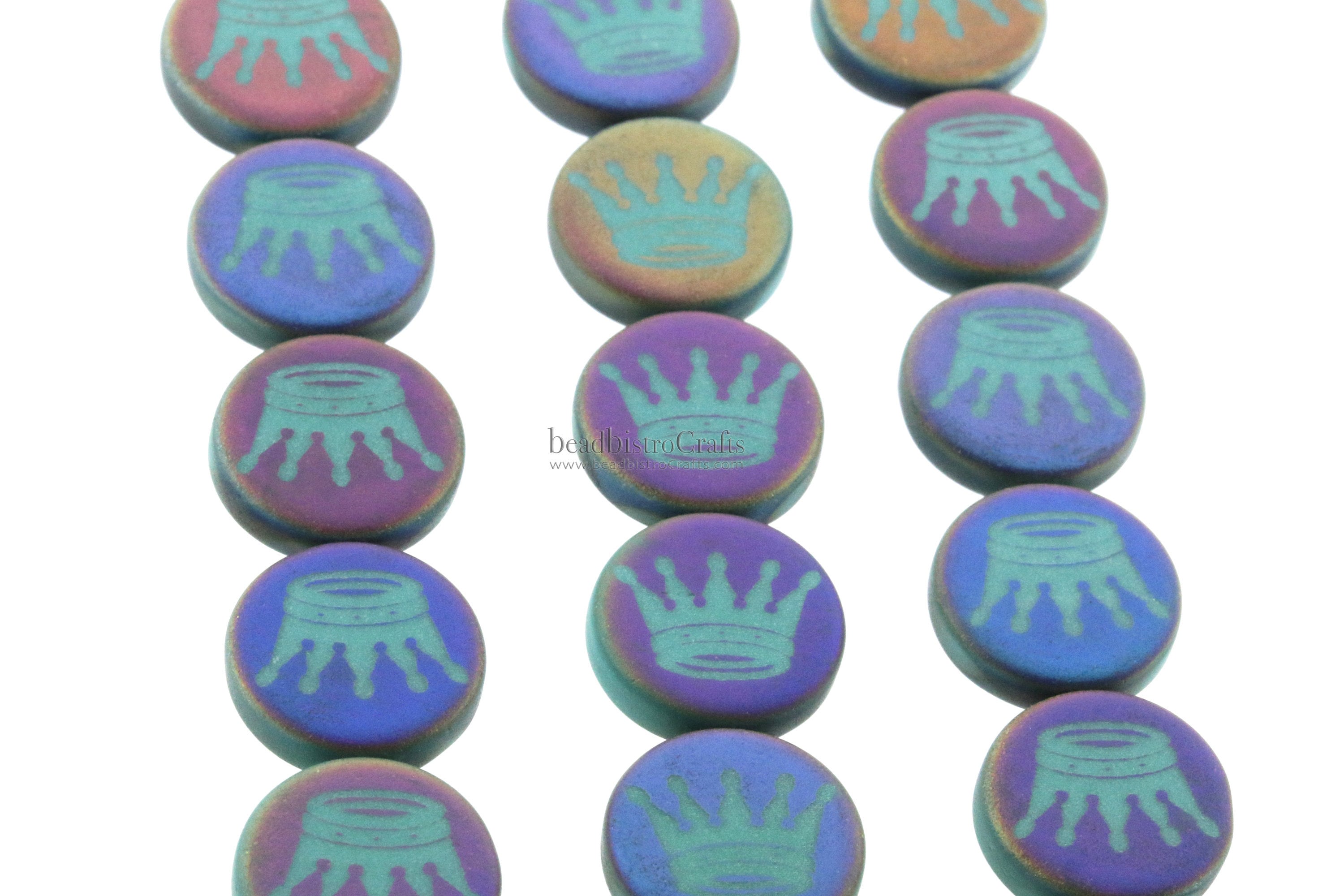 Czech Glass Beads ~ Crown Opaque Matte Green Turquoise Sliperit - 14mm Laser Tattoo Beads