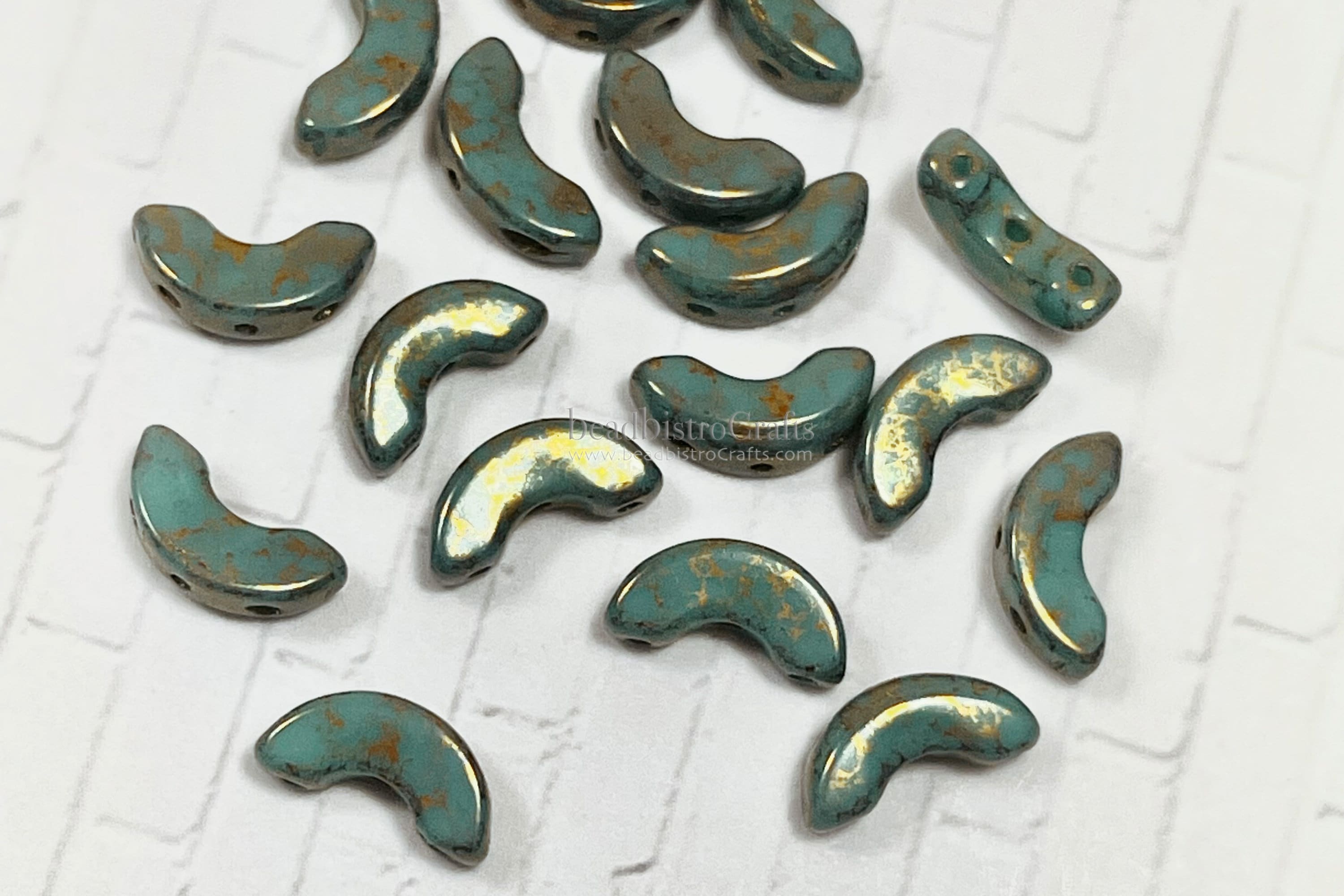 30pcs Czech ARCOS Les Perles Par Puca® beads - 3 hole beads - Opaque Green TURQUOISE BRONZE - 5x10mm