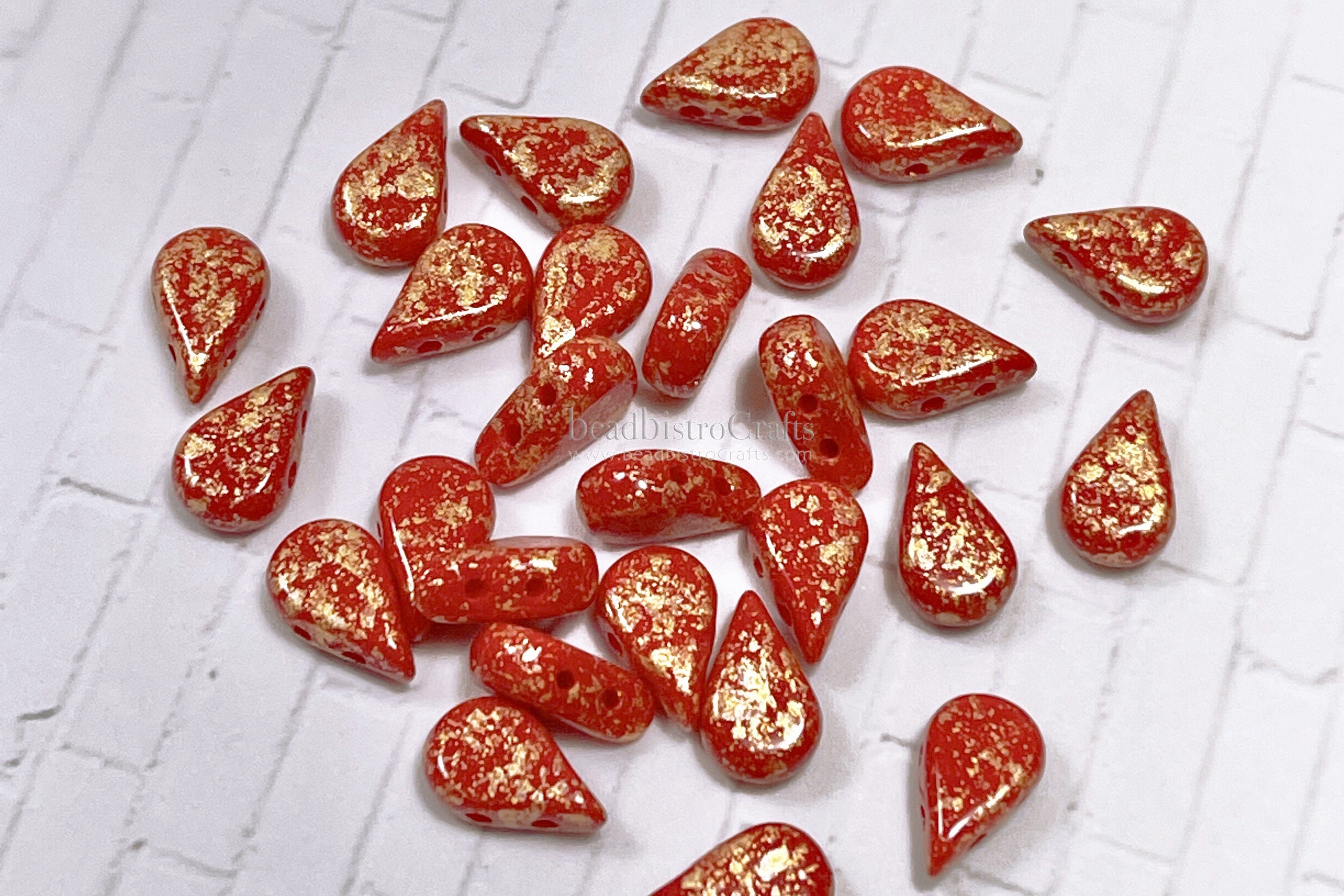 30pcs Czech AMOS® Par Puca® beads - 2 hole beads - Opaque Coral Red GOLD SPLASH - 5x8mm - drop beads