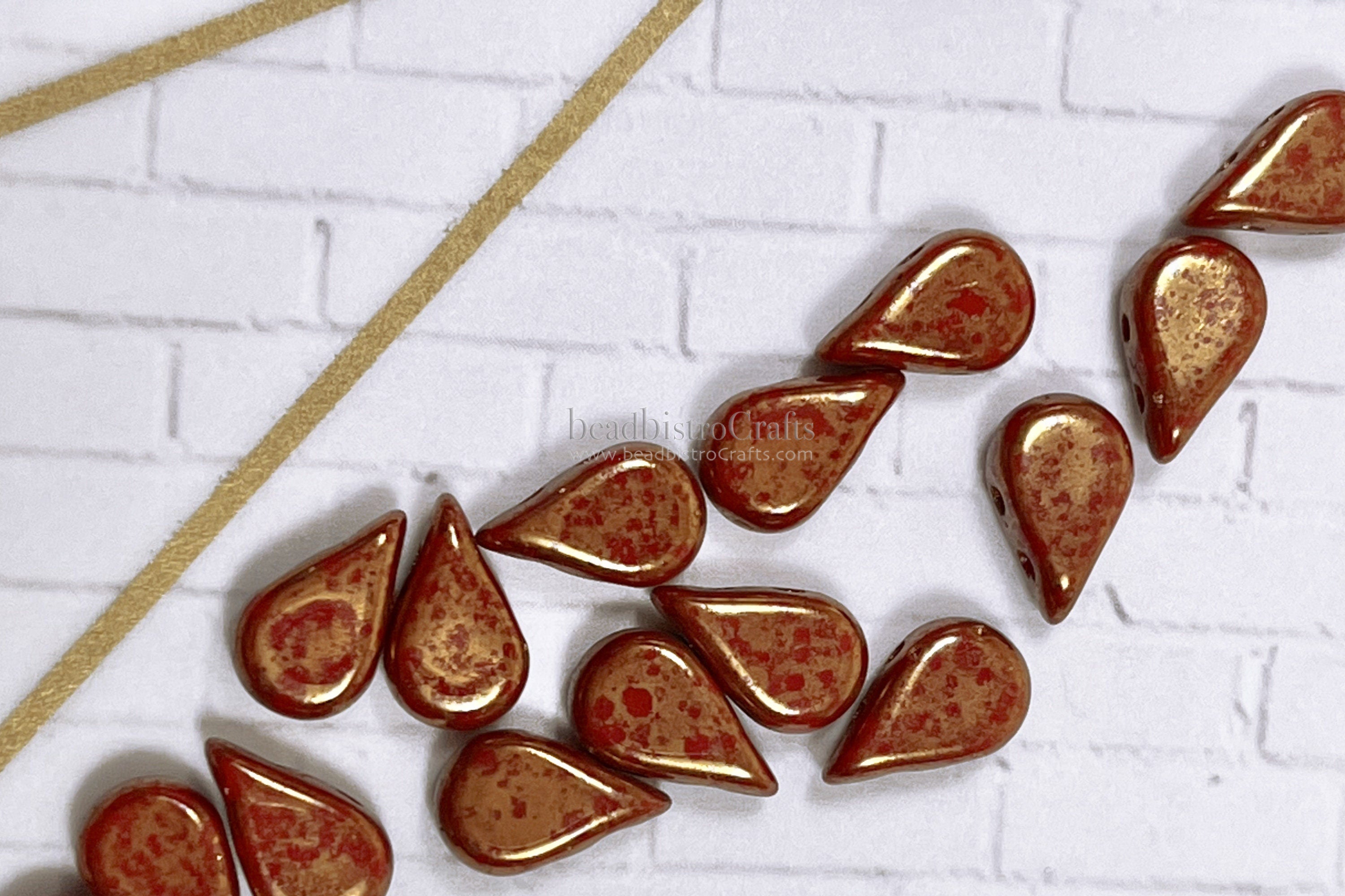30pcs Czech AMOS® Par Puca® beads - 2 hole beads - Opaque Coral Red BRONZE - 5x8mm - drop beads