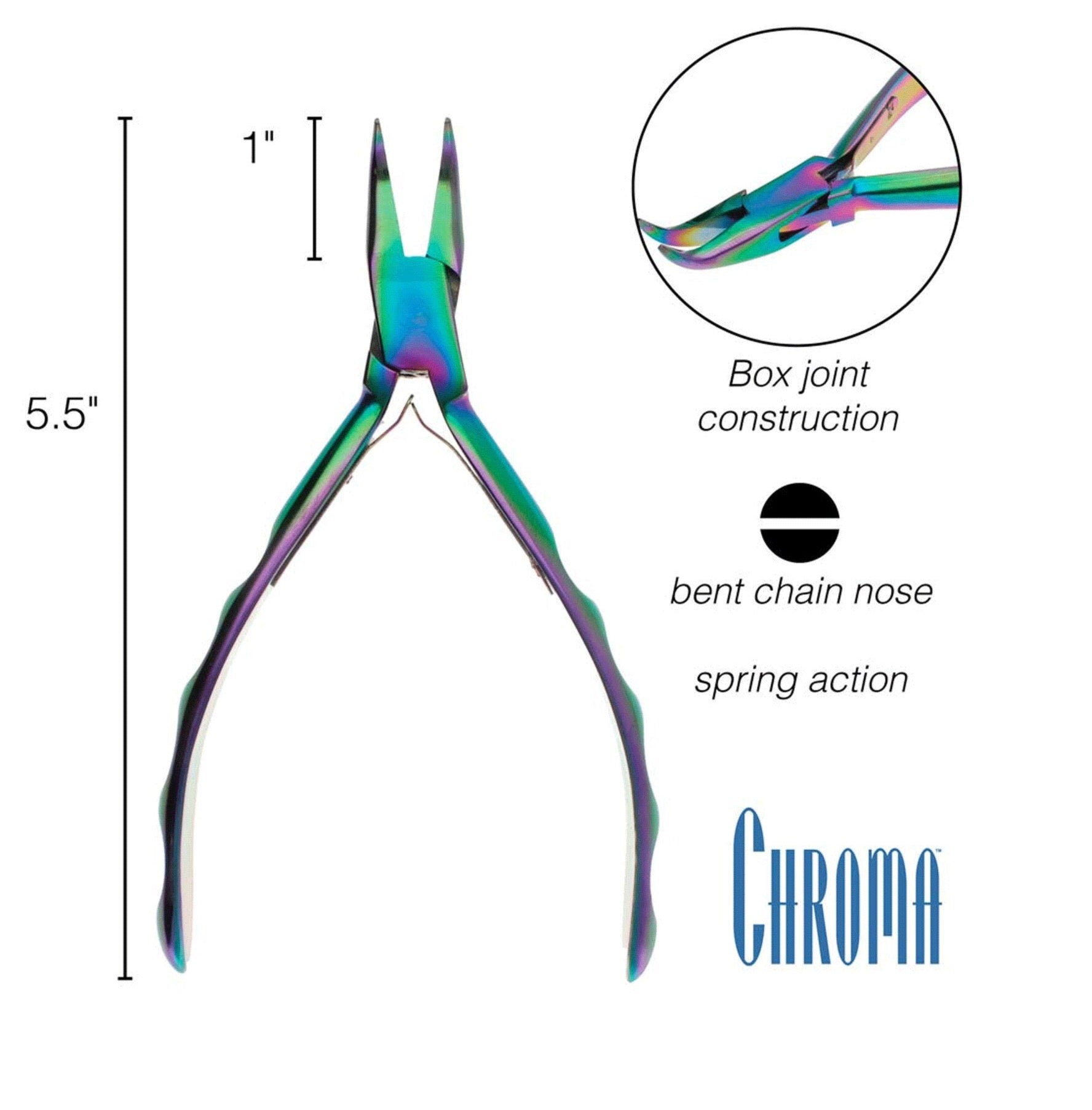 Chroma Series Bent Chain Nose Plier, Stainless-Steel Head, Rainbow Titanium Coating, Contoured Comfort Grip Handle and Double-Leaf Spring