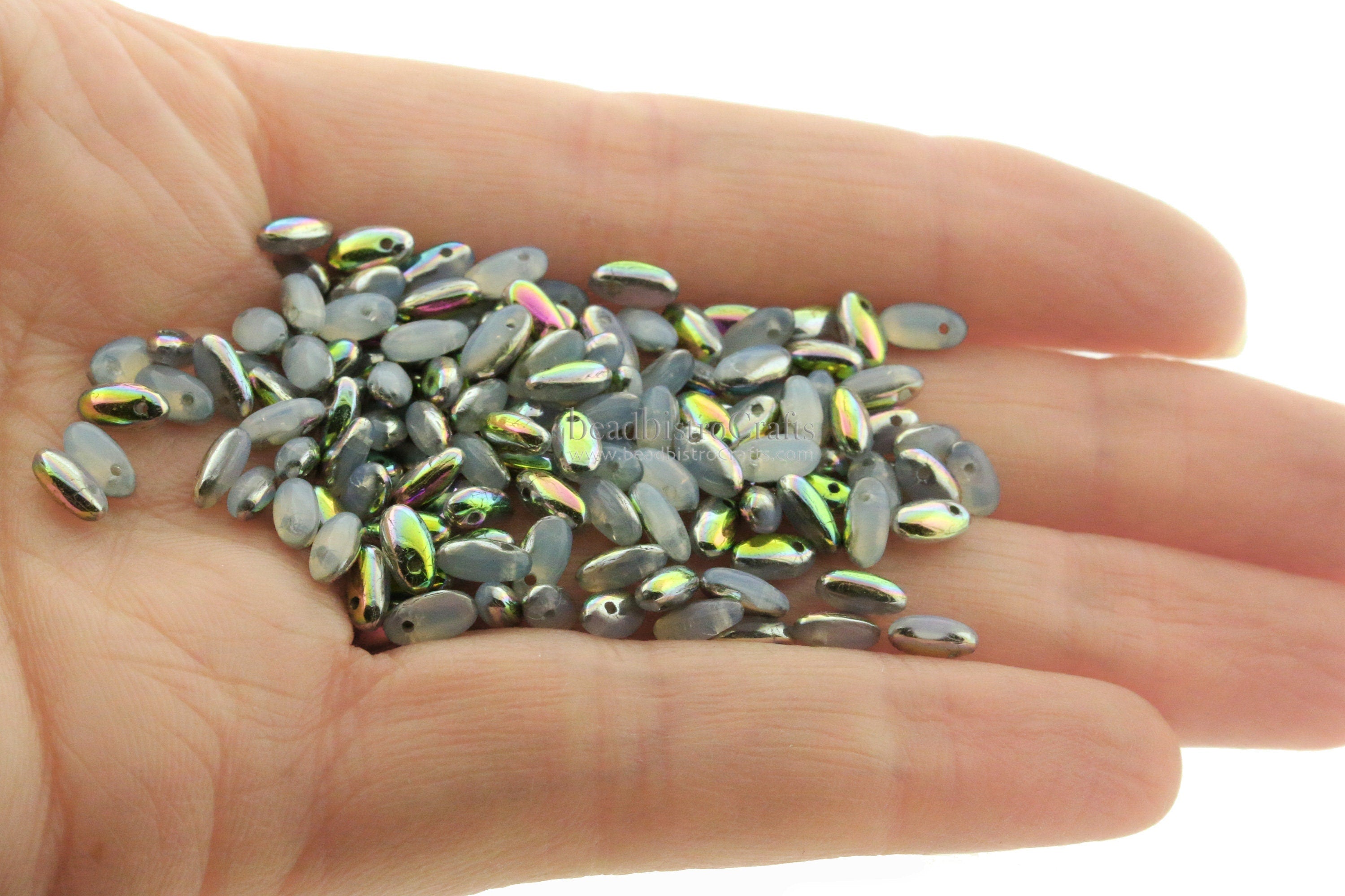 10g Czech RIZO beads - White Opal VITRAIL - Rizo drop beads - top drilled - 2.5x6mm