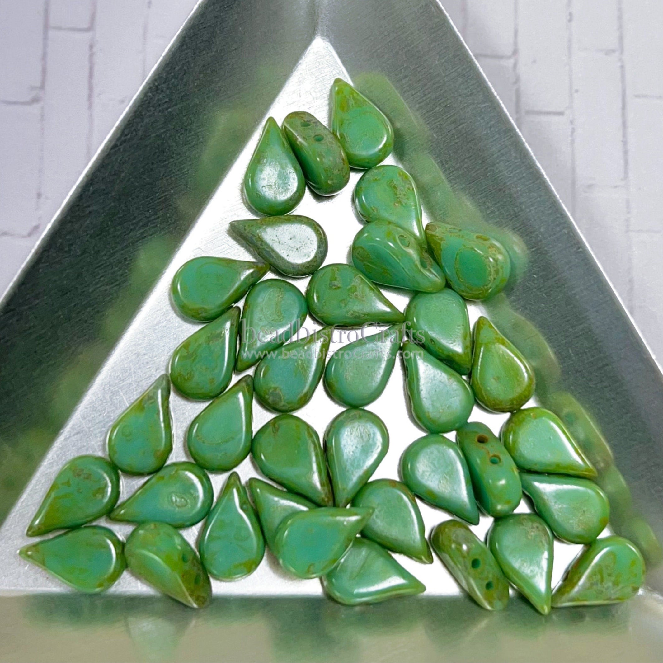 30pcs Czech AMOS® Par Puca® beads - 2 hole beads - Opaque Green Turquoise TRAVERTINE - 5x8mm - drop beads