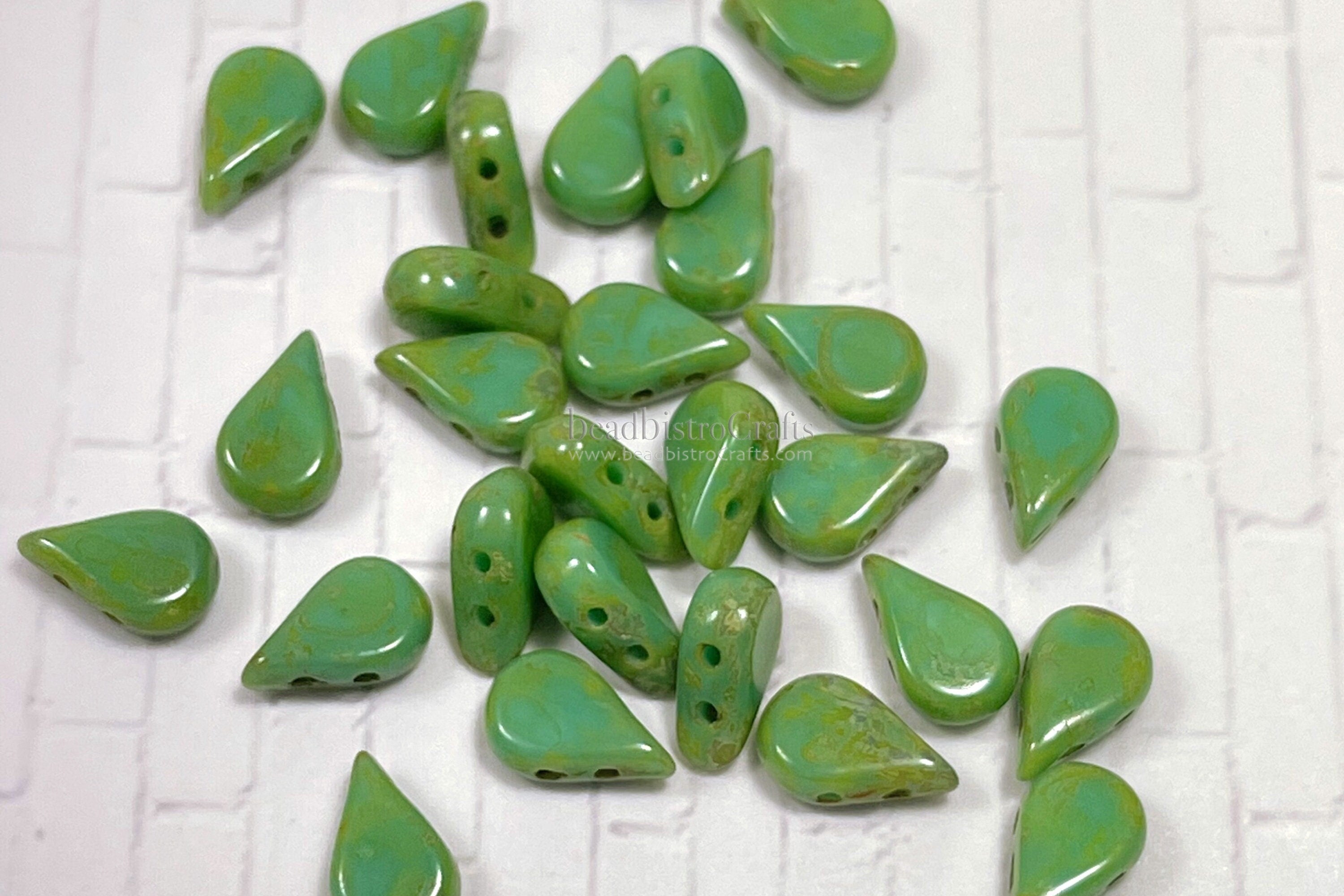 30pcs Czech AMOS® Par Puca® beads - 2 hole beads - Opaque Green Turquoise TRAVERTINE - 5x8mm - drop beads