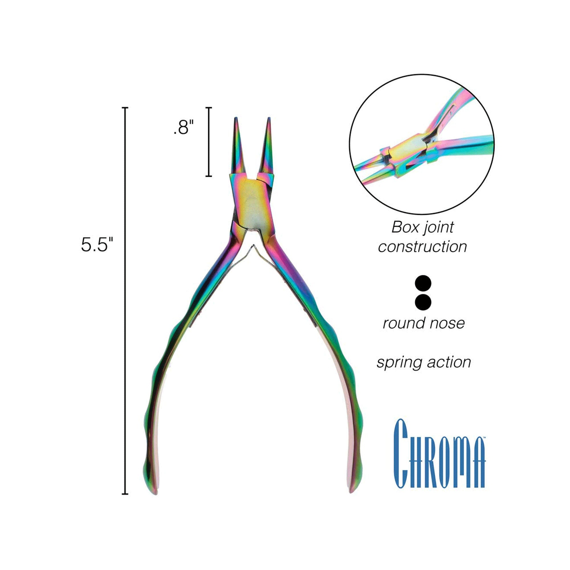 Chroma Series Round Nose Plier tool for jewelry making, Hardened Stainless-Steel head, contoured comfort grip handle and double-leaf spring,