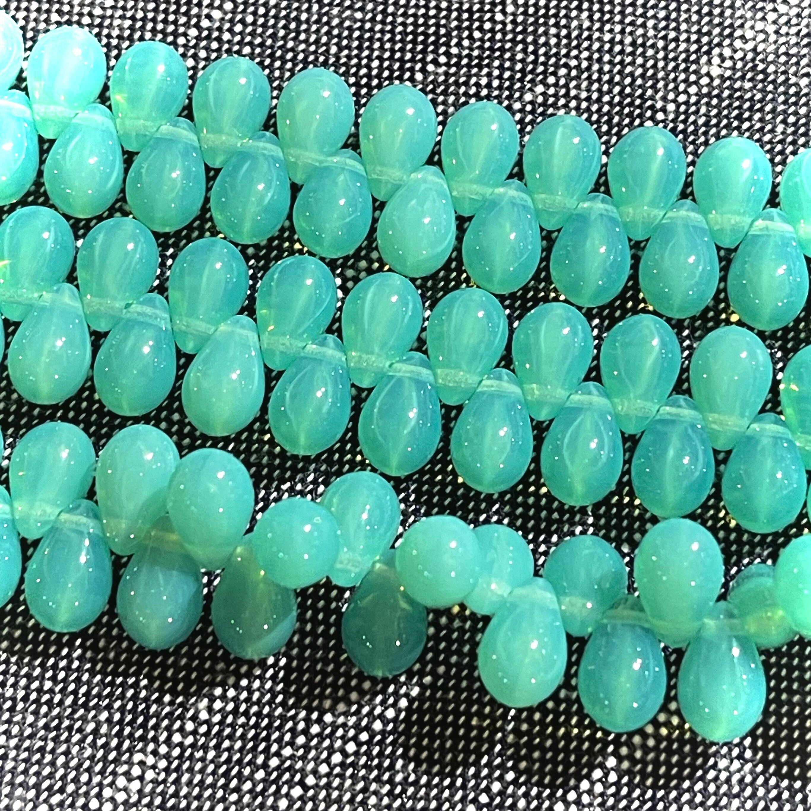 25pcs Czech Glass Drop beads - top drilled tear drops - MILKY Aqua Ocean Green OPAL - 6x9mm