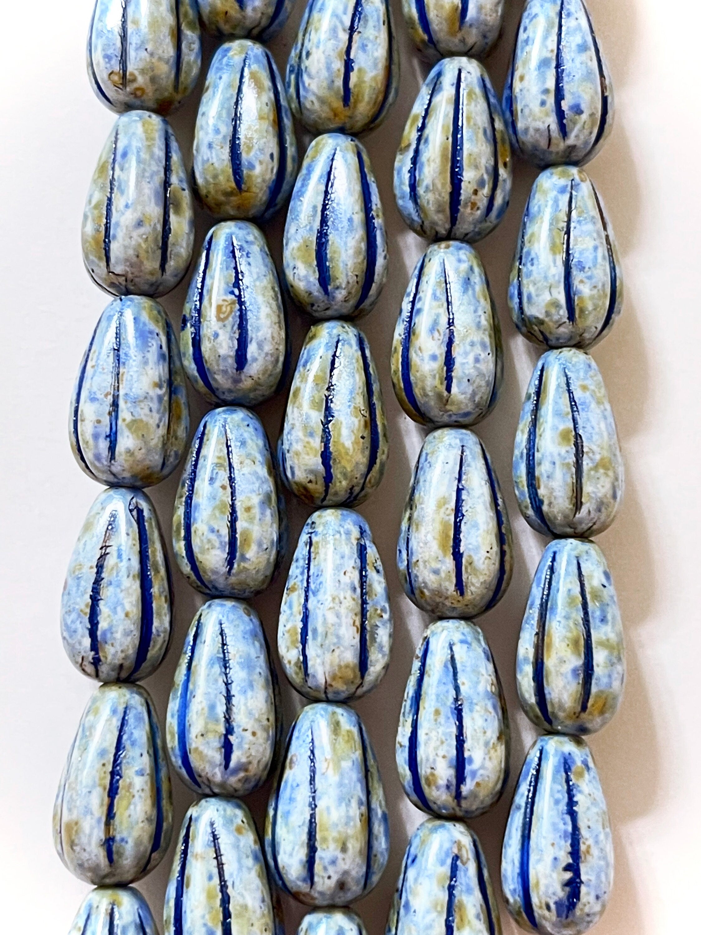 Melon Drops Czech Glass beads - 8pcs Melon beads - Czech glass Drop beads - Alabaster SAGE with BLUE Wash - 13x8mm